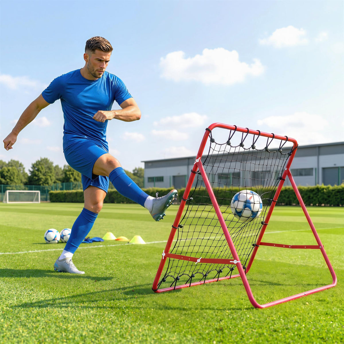Filet de rebond en métal angle réglable et 20 cordes élastiques pour entraînement de football, tennis, handball 96x80x96