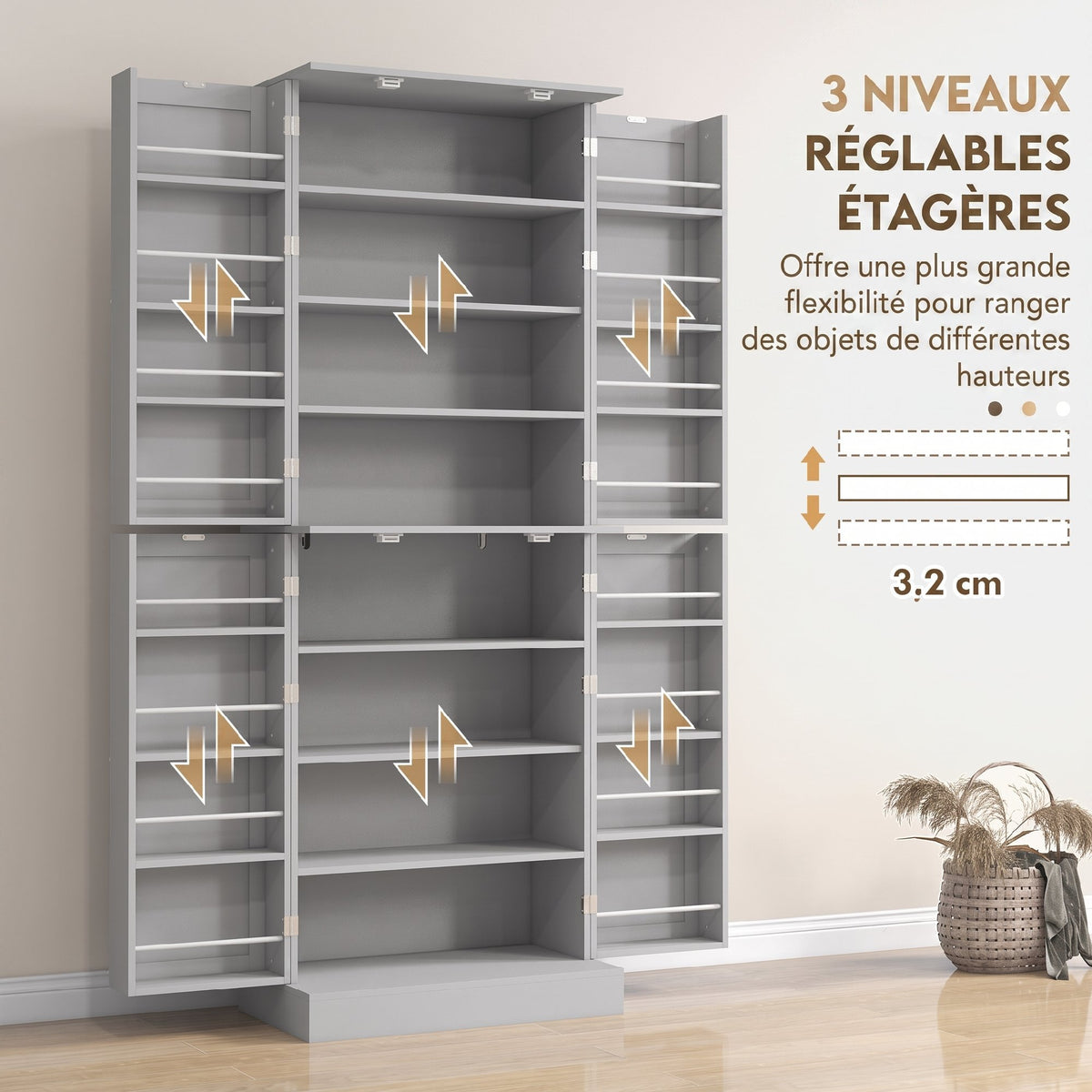 Credenza da cucina con armadietti, ripiano regolabile e portaspezie, 60 x 35 x 166 cm, grigio