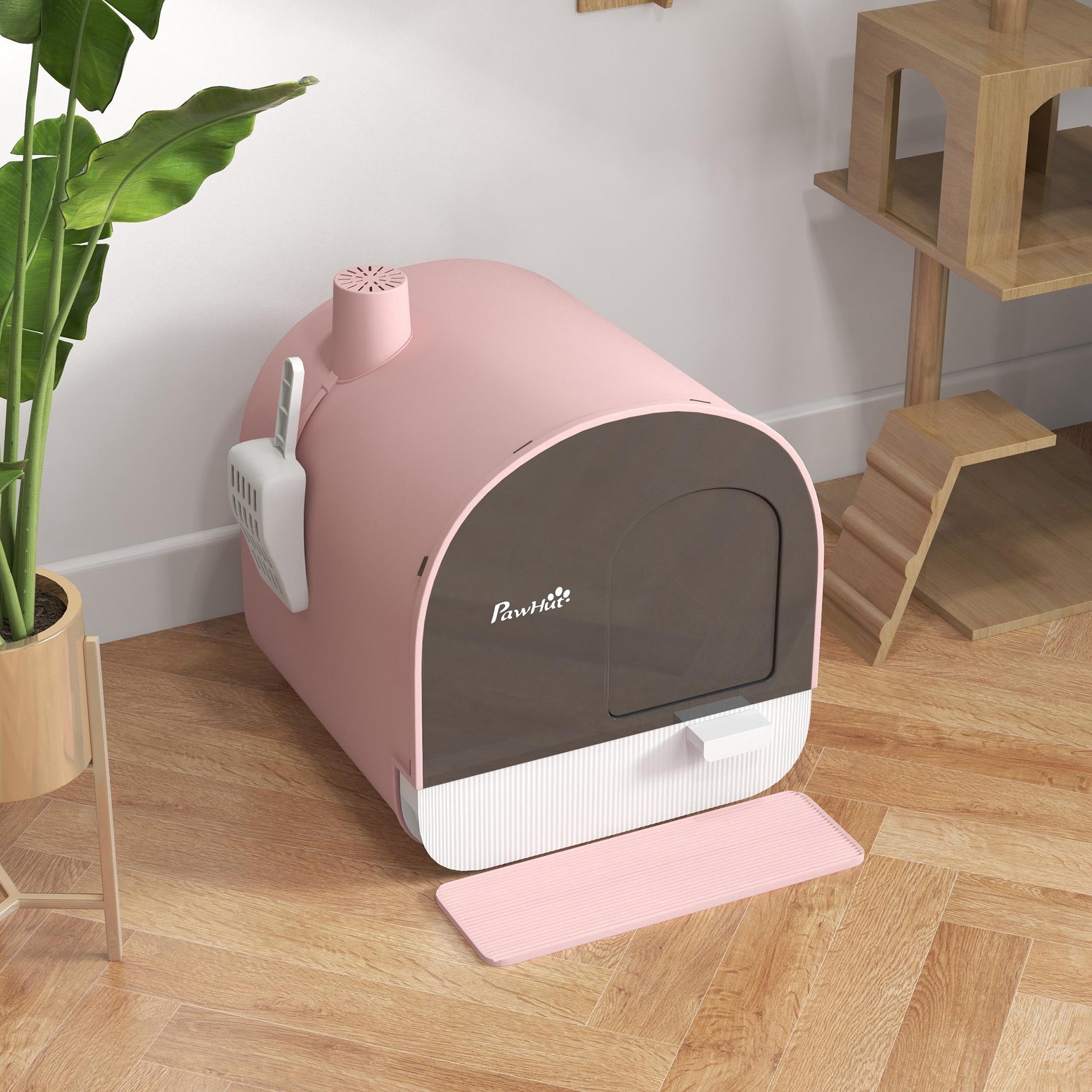 Bac à litière pour chat avec porte battante pelle et filtre inclus dim. 43L x 44l x 47H cm rose