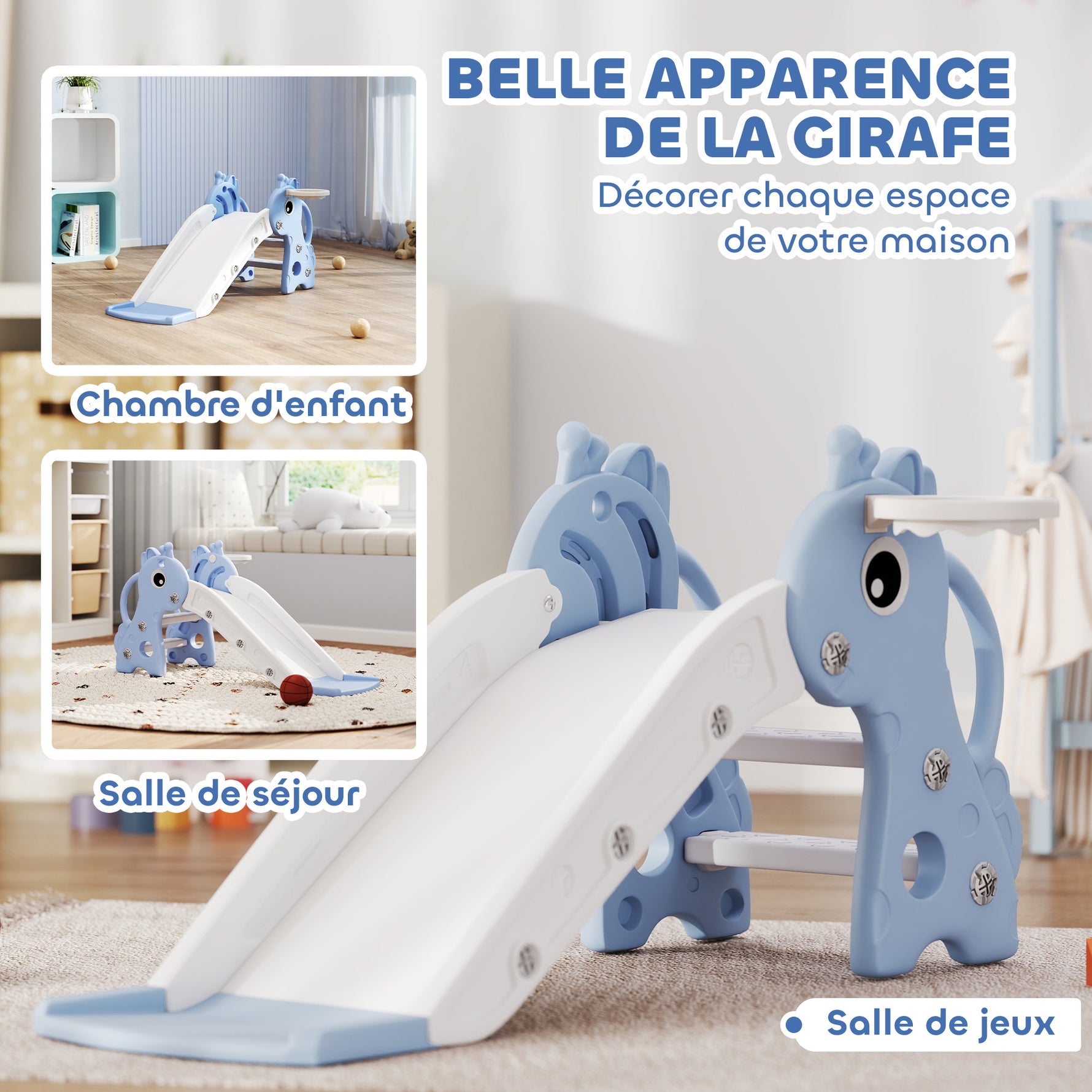 Toboggan pour enfants 3 en 1 en forme de girafe avec panier de basket, escalade et ballon, 106 x 51,5 x 52 cm, bleu