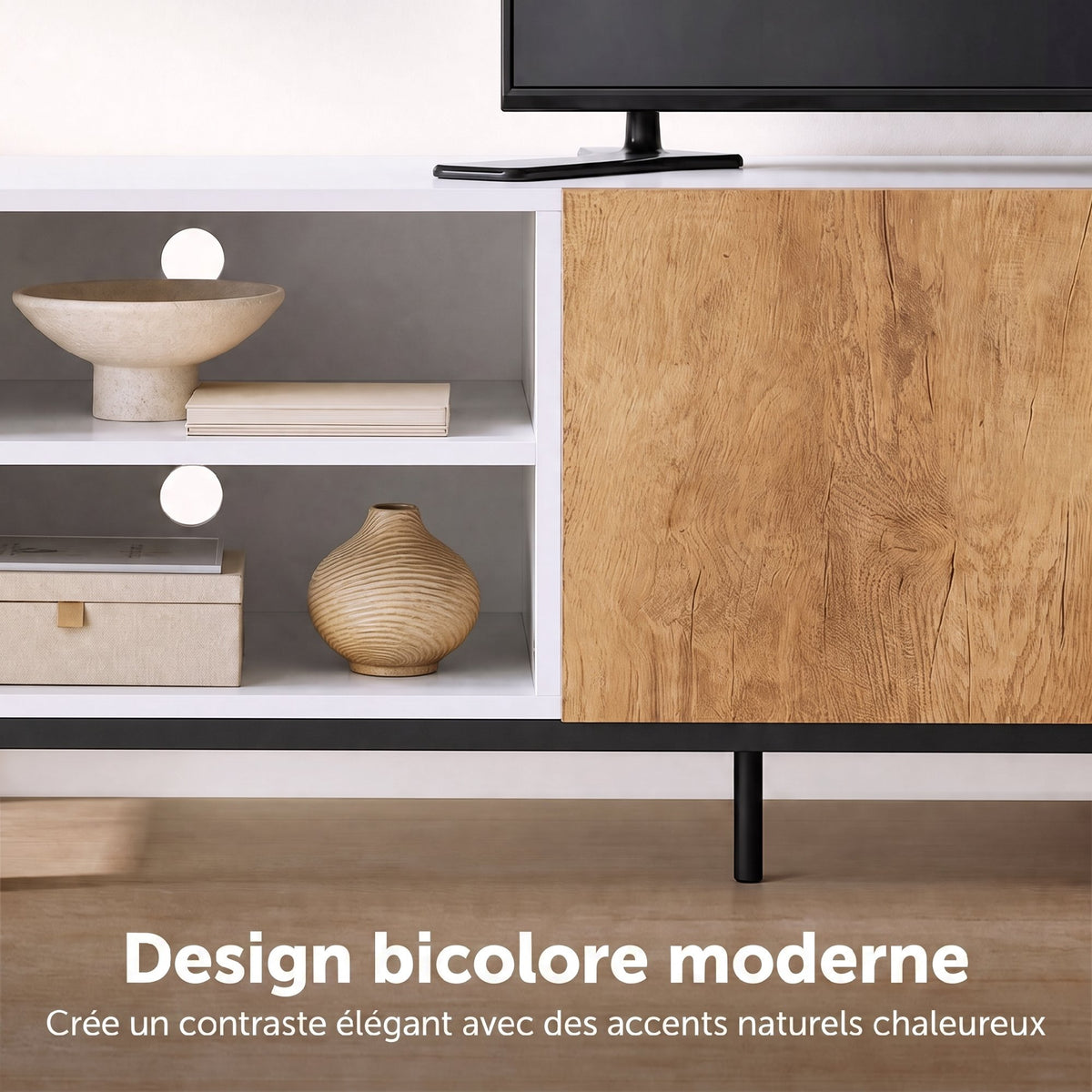 Meuble TV 140 cm, Meuble Télé pour Téléviseur jusqu'à 55 Pouces, 2 Portes à Fermeture Douce et Étagères Réglables, Blanc