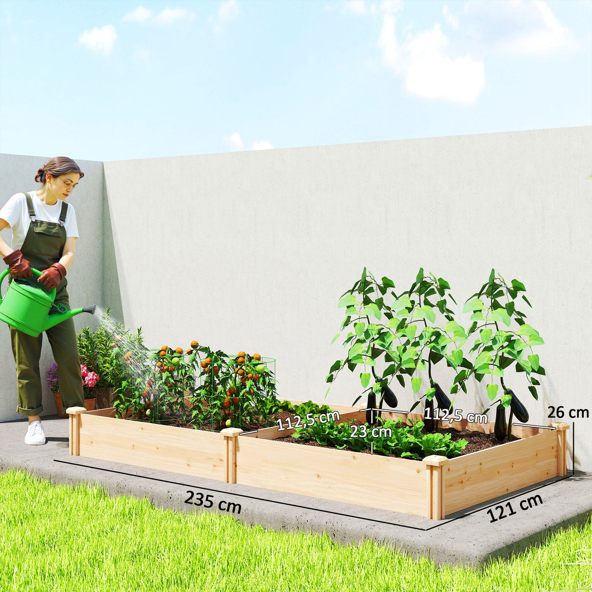 Carré Potager de jardin en Bois massif, Jardinière Surélevé avec séparateur, 235 x 121 x 26 cm, effet Bois Naturel