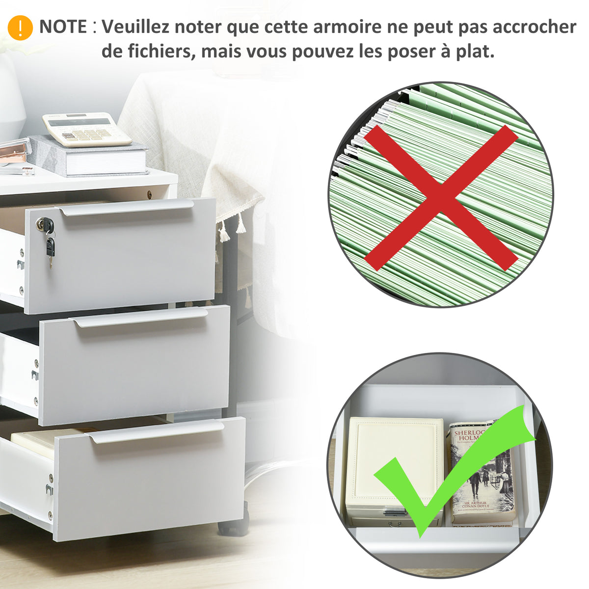 Caisson de bureau à roulettes avec 3 tiroirs et serrure pour dossiers 40 x 40 x 63,5 cm blanc et gris