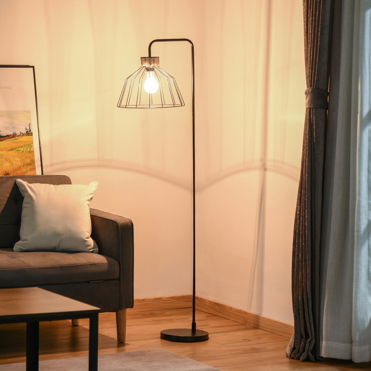 Lampadaire lampe à pied design élégant en métal avec décoration en rotin idéal pour maison bureau restaurant et café 44 x 34 x 154 cm noir