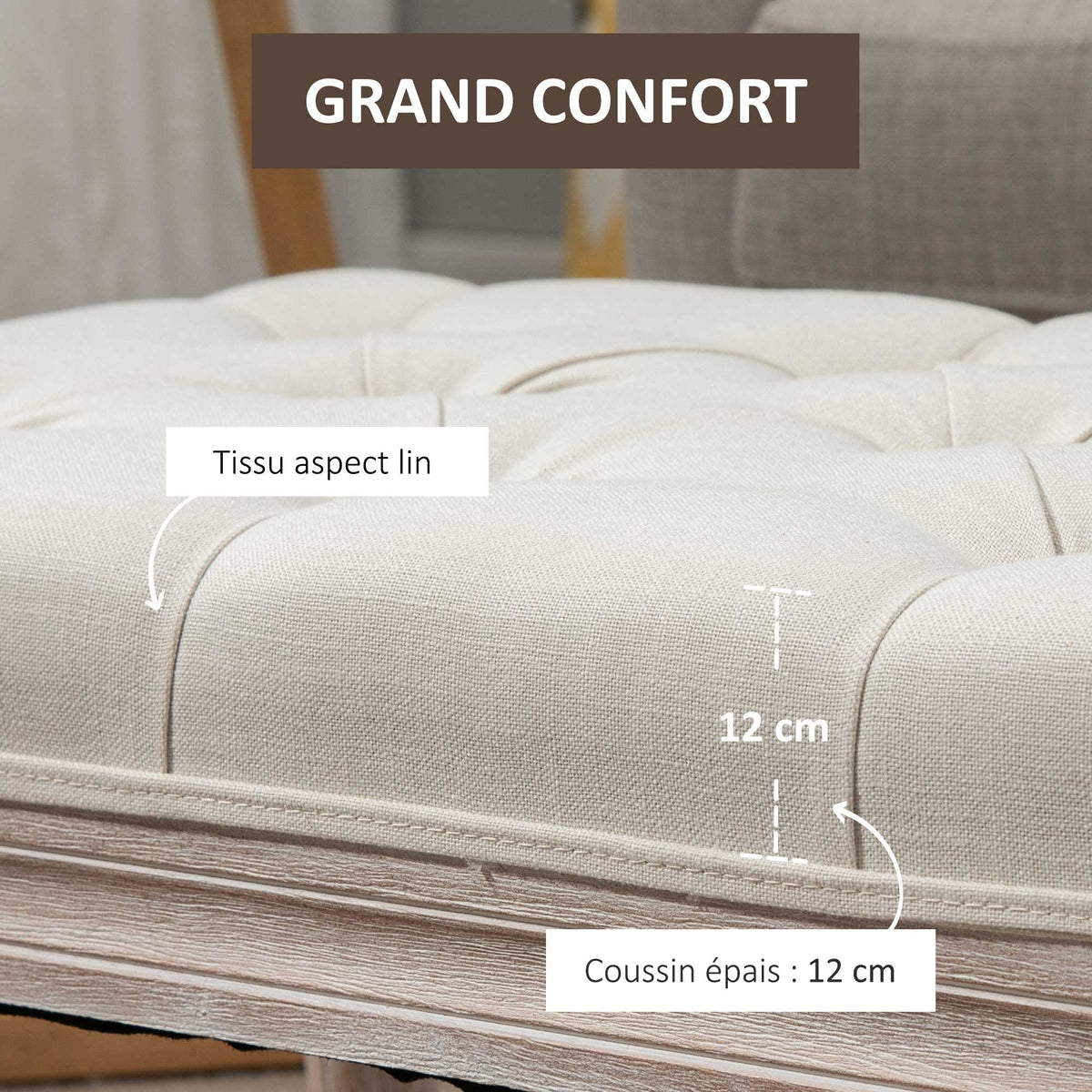 Banc Banquette classique capitonné 80cm bout de lit Rembourrée en lin - bois d'hévéa sculpté, patiné - Crème