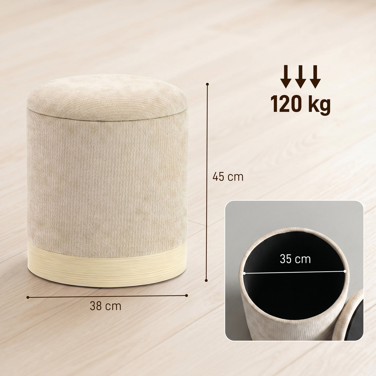 Opbergpoef, ronde hocker van chenille, voetenbankje met metalen onderstel in houtlook, beige