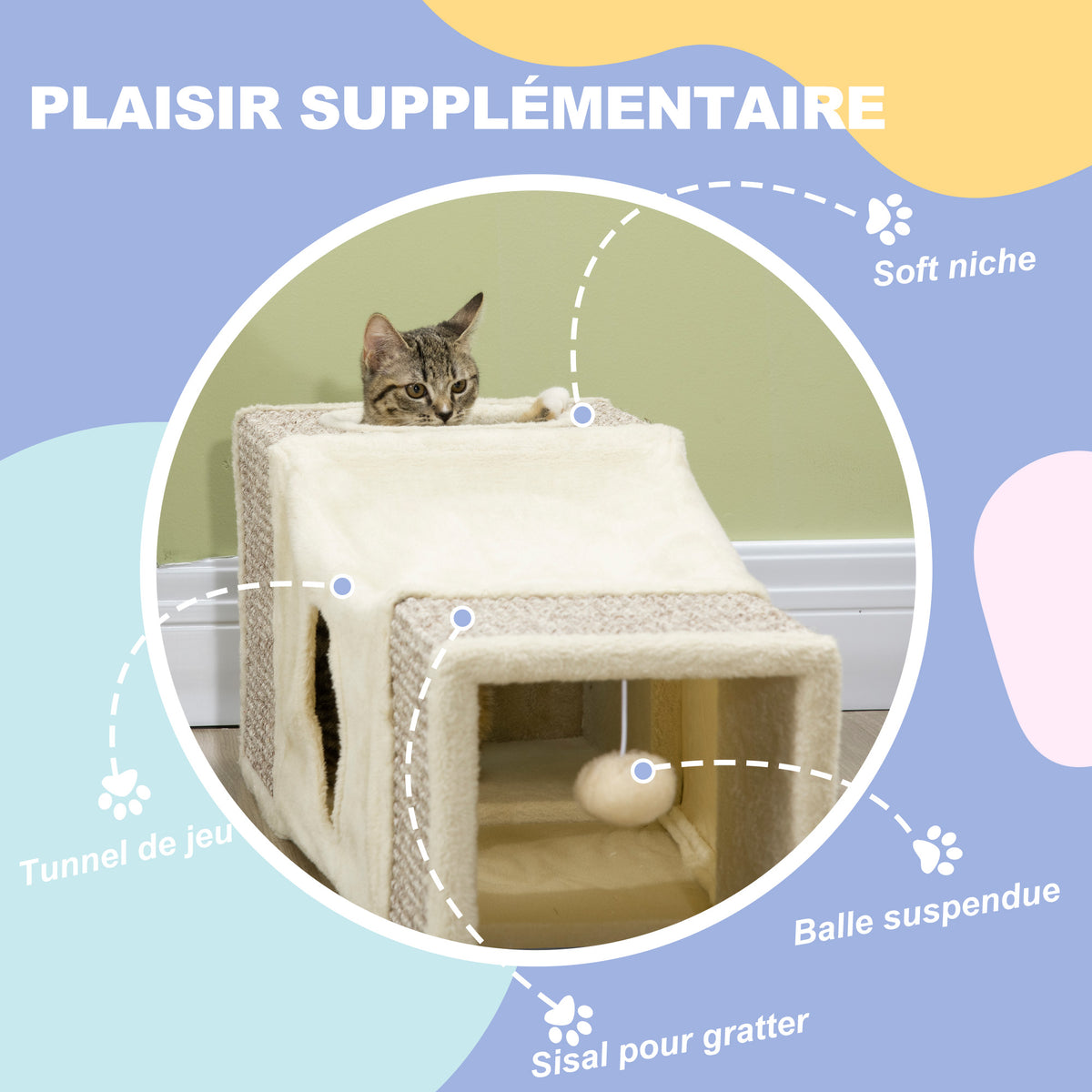 Tunnel pour chat intérieur jouets pour chats avec balle suspendue entrées multiples en sisal 98 x 30 x 30 cm crème