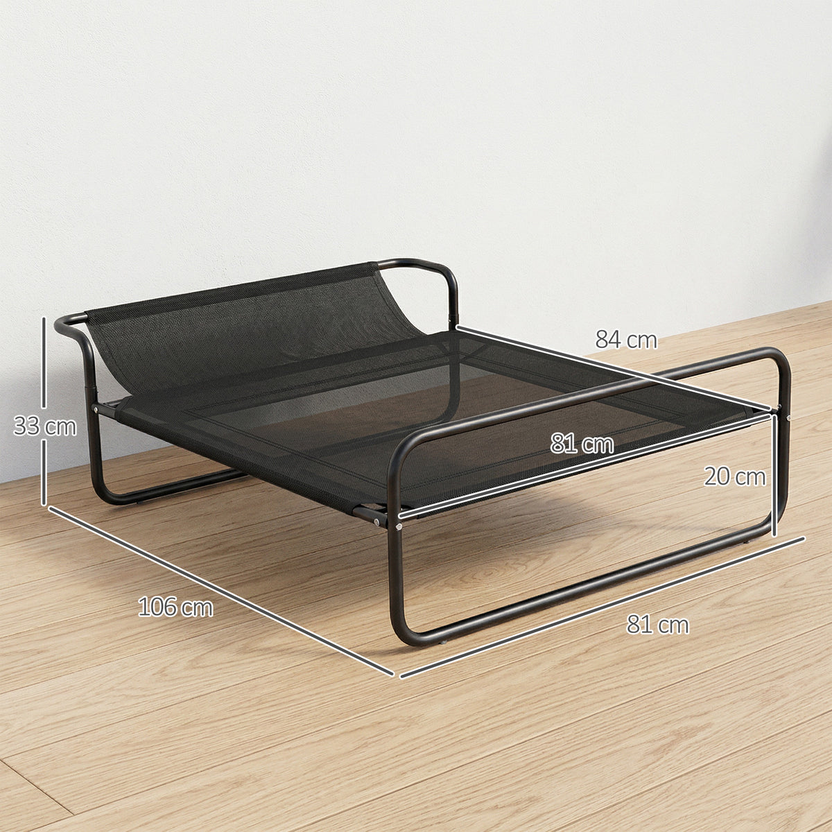 Lettino rialzato per cani e animali domestici con poggiatesta in tessuto microforato 106 x 81 x 33 cm nero