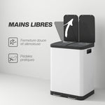 Sukaldeko zaborrontzia, 2 x 30L, metalezko pedalarekin, 2 konpartimentu, ixte leuneko estalkia, 60L, zuria