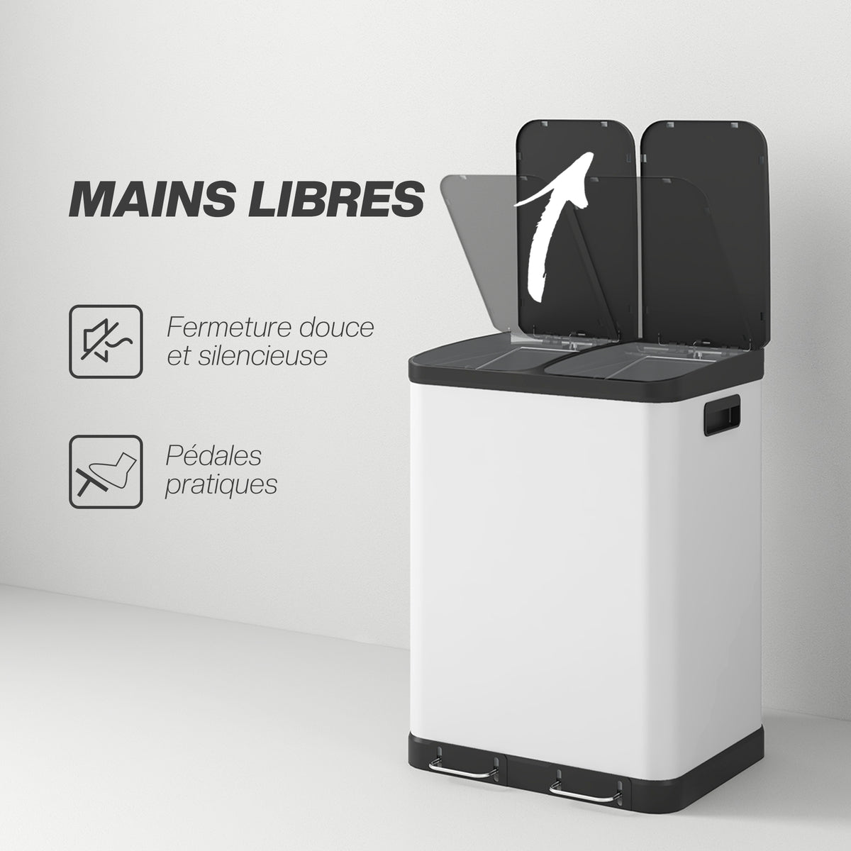 Sukaldeko zaborrontzia, 2 x 30L, metalezko pedalarekin, 2 konpartimentu, ixte leuneko estalkia, 60L, zuria