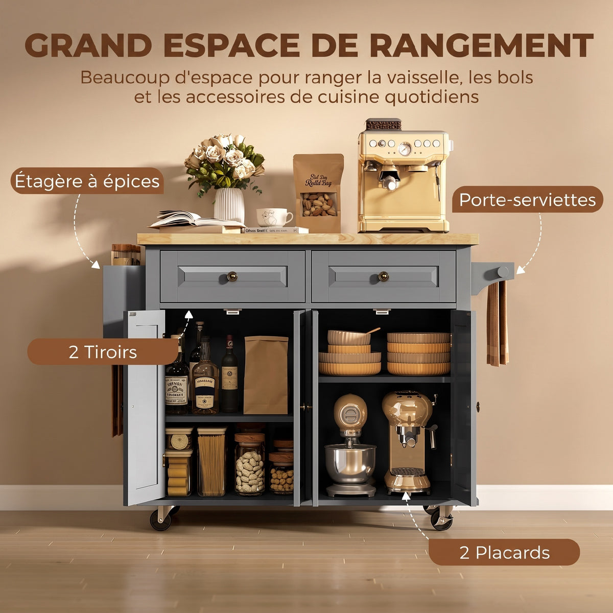 Isola Centrale da Cucina con Piano in Legno di Hevea, Carrello da Cucina su Ruote con 2 Cassetti, 111 x 44,5 x 82,5 cm, Grigio