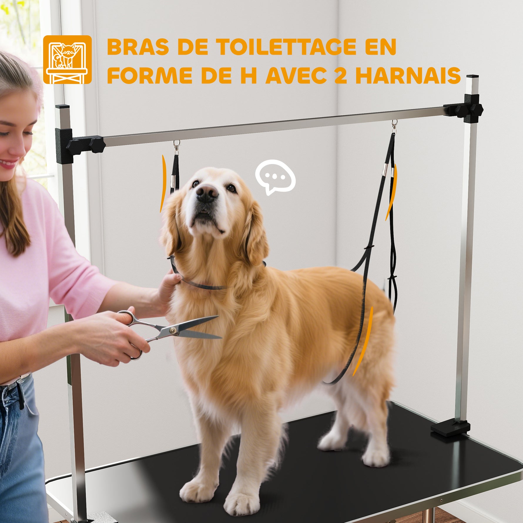 Table de toilettage pour chien pliante potence H-forme inox réglable 2 sangles panier 107 x 60 x 164 cm noir