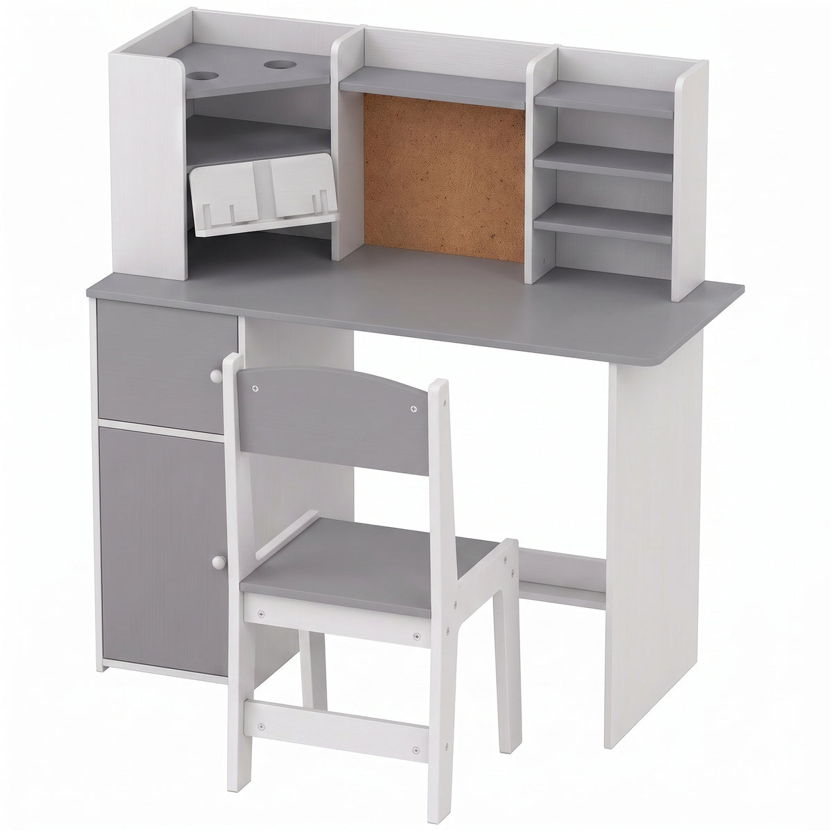 Kinderbureau met stoel, studeertafel, verstelbare tablethouder, pennenhouder, kurkbord, 5-12 jaar, grijs
