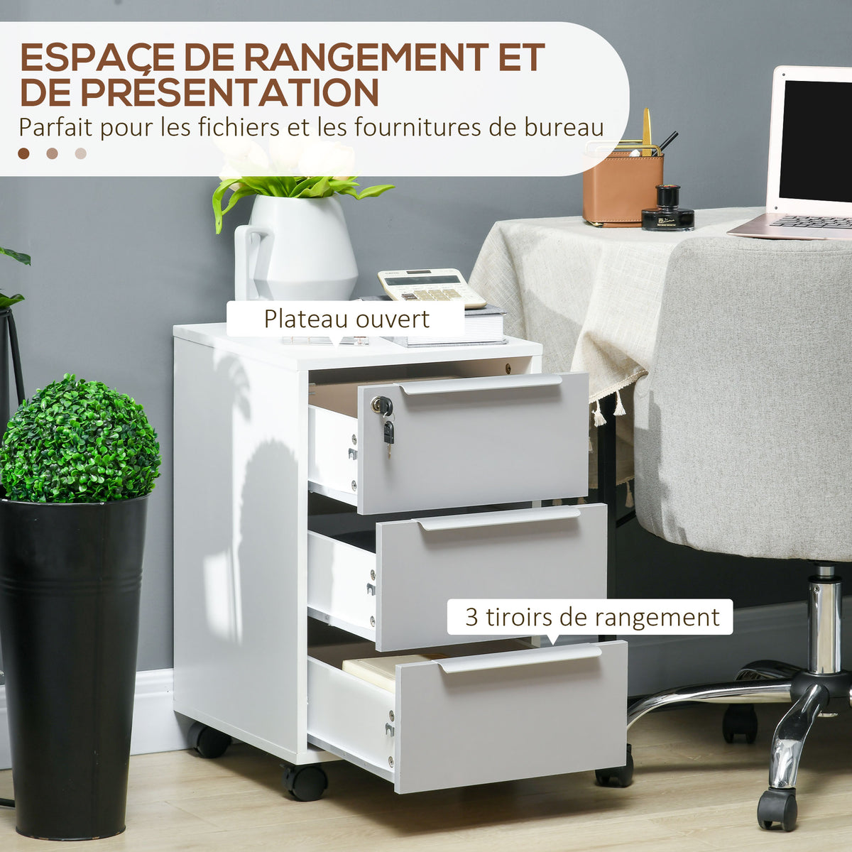 Caisson de bureau à roulettes avec 3 tiroirs et serrure pour dossiers 40 x 40 x 63,5 cm blanc et gris