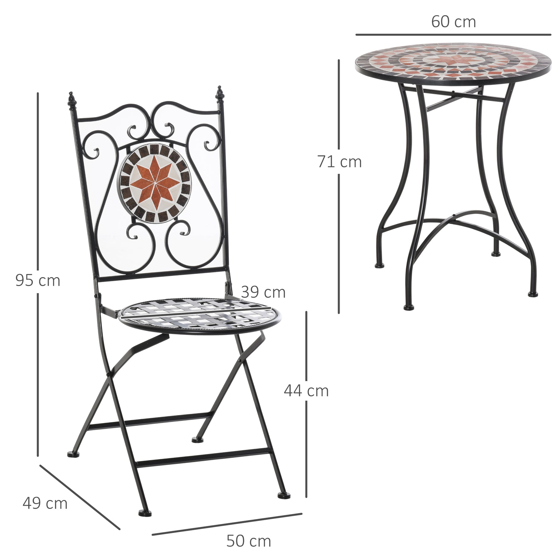 Ensemble Bistro 2 Places 3 pièces Style Fer forgé mosaïque céramique Motif Rose des Vents chaises Pliables