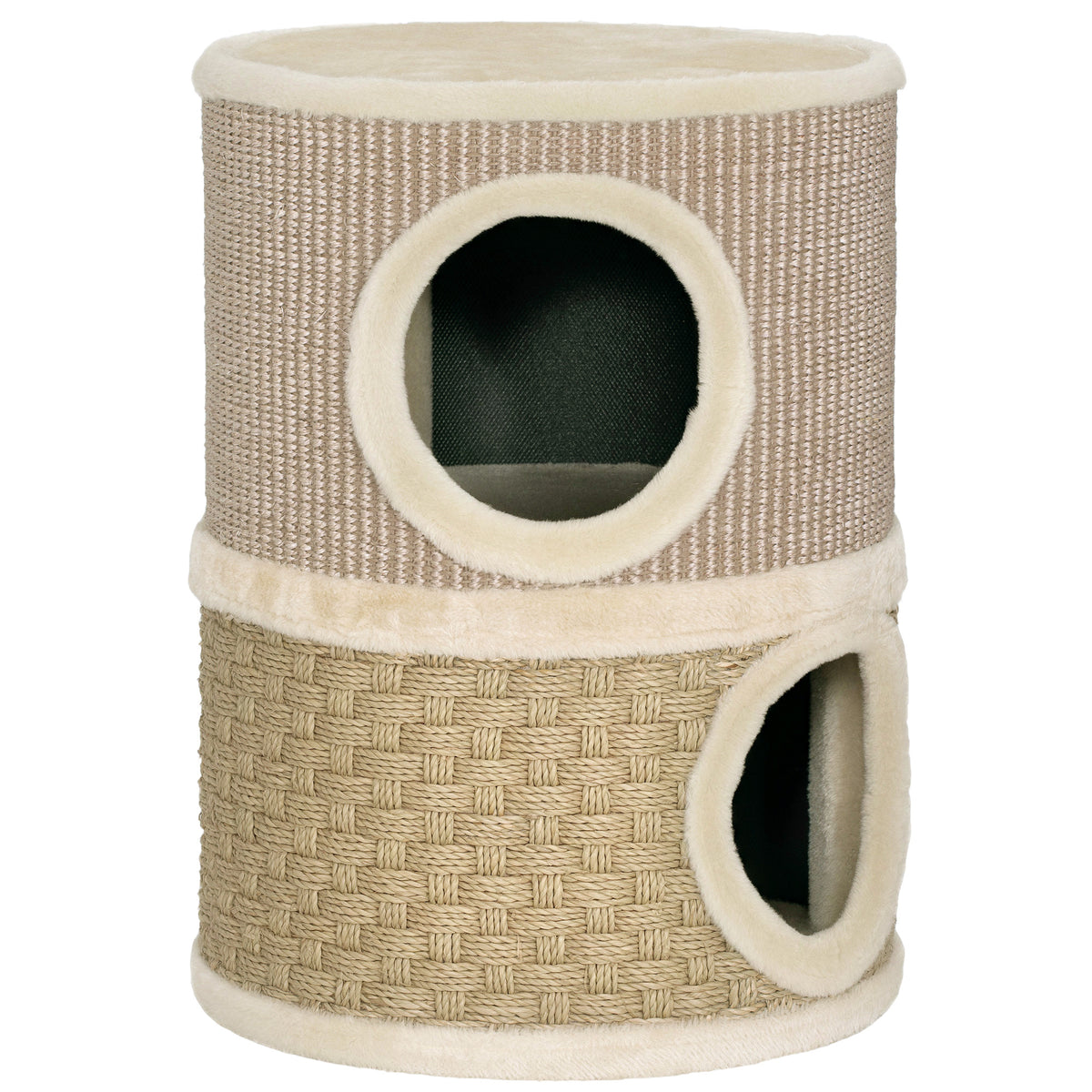 Tonneau à gratter pour chat arbre à chat sisal naturel et herbiers marins recouvert de peluche 35,5x35,5x49cm kaki café