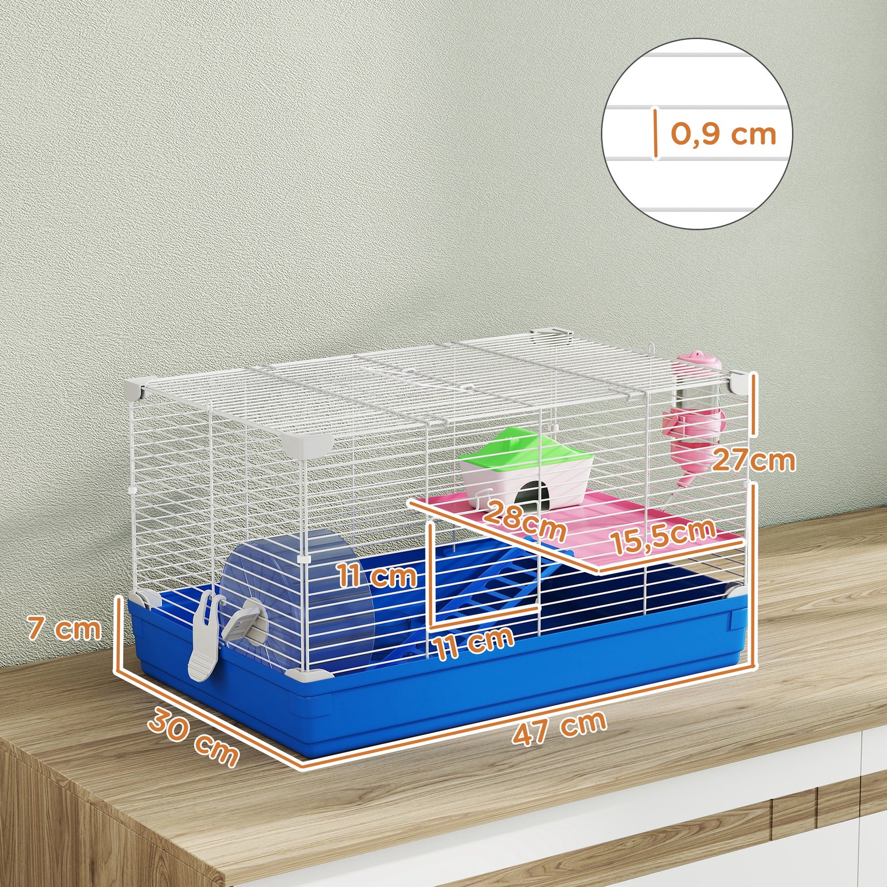 Cage Hamster, Cage Rongeur à 2 Niveaux, Base Amovible pour Nettoyage Facile, Cabane, Roue d'Exercice, 47x30x27cm, Bleu