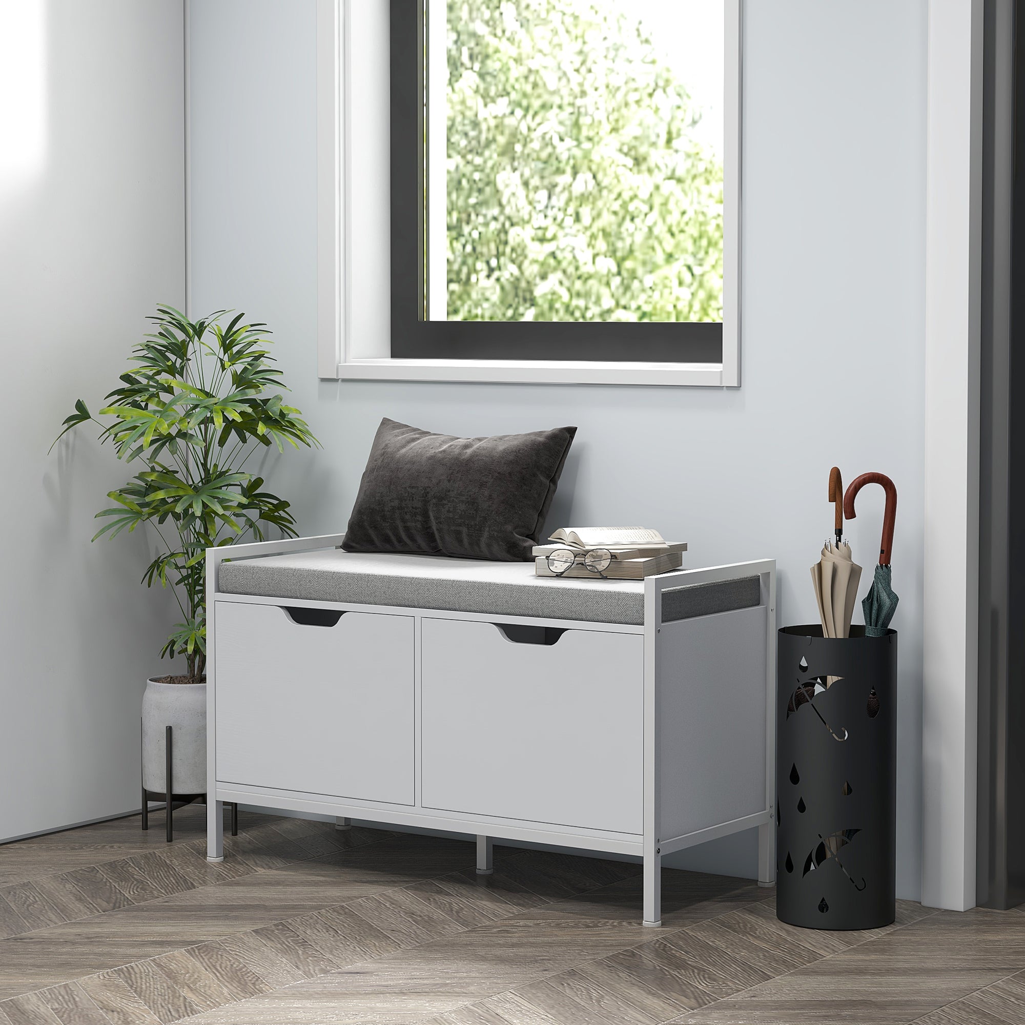 Banc meuble à chaussures, 2 placards, meuble d'entrée avec coussin rembourrée, 84l x 35P x 50H cm, blanc