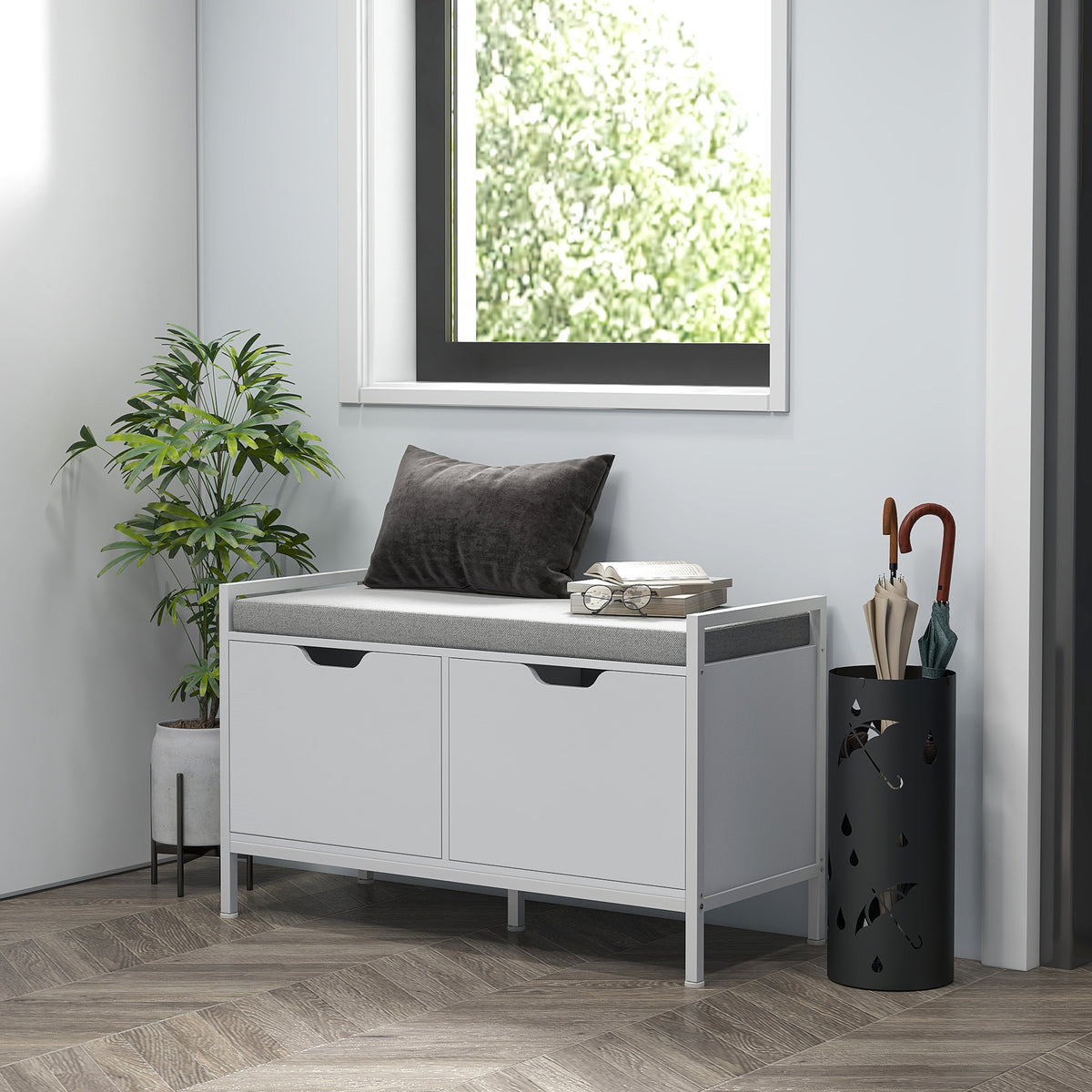 Banc meuble à chaussures, 2 placards, meuble d'entrée avec coussin rembourrée, 84l x 35P x 50H cm, blanc