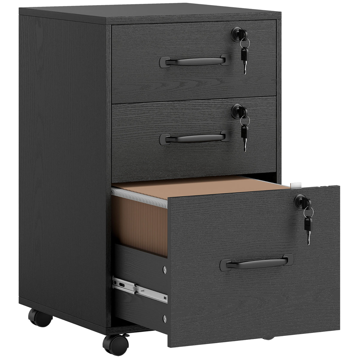 Caisson de Bureau Mobile avec 3 Tiroirs Verrouillables, Caisson de Rangement sur Roulettes, 40 x 40 x 69,5 cm, Noir