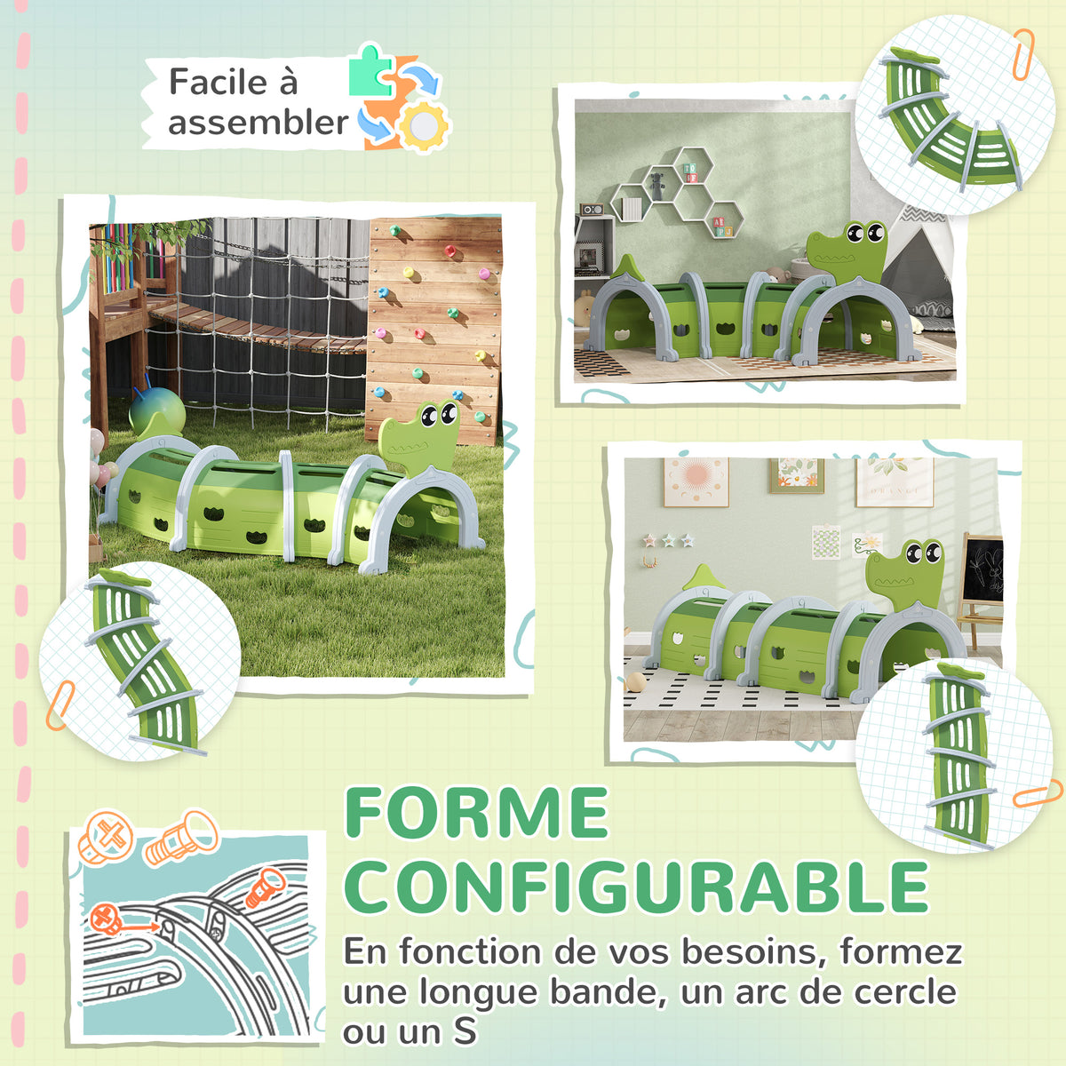 Tunnel enfant en forme de crocodile, modulable, tunnel de jeu pour enfants, enfants de 3 à 6 ans ramper et grimper, vert