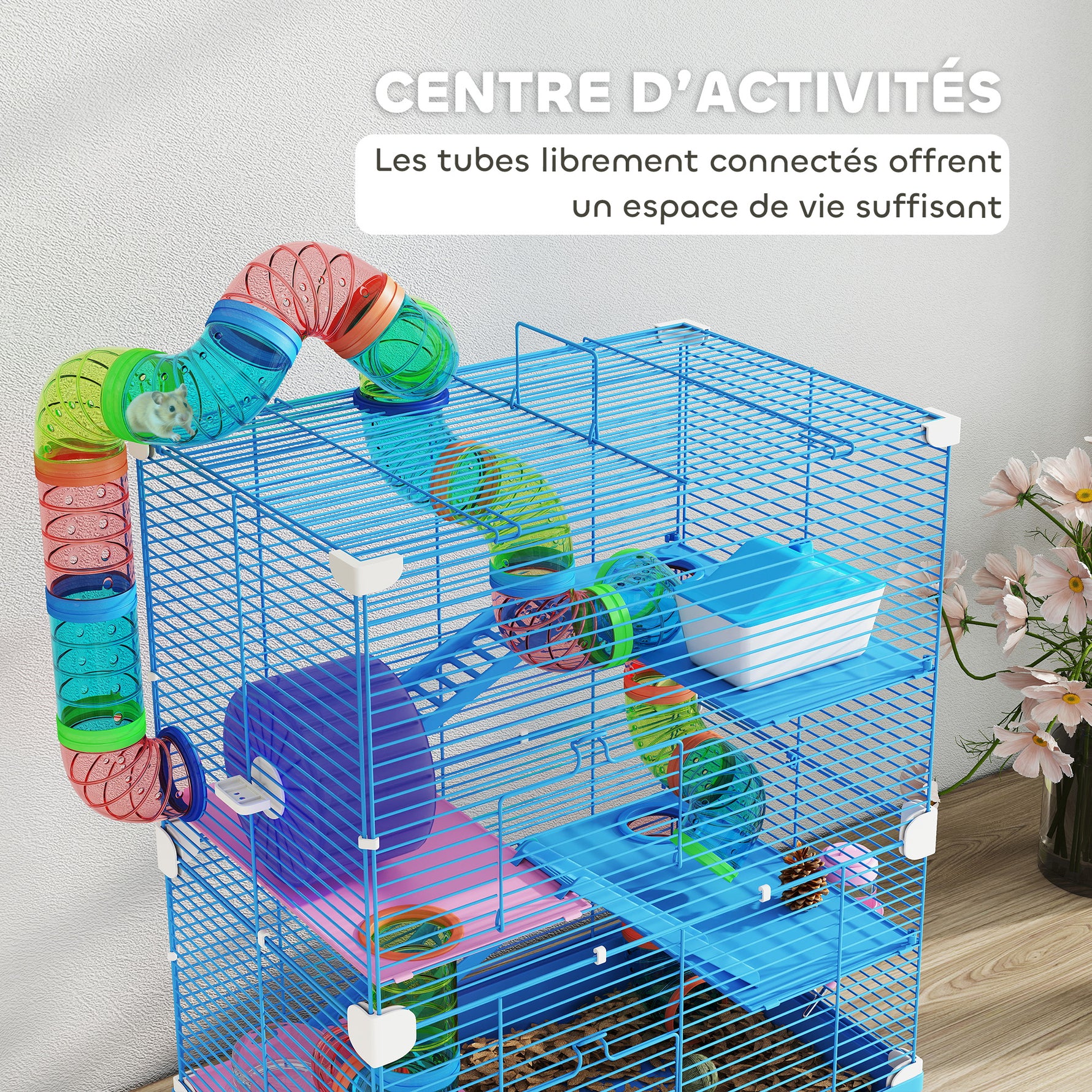Cage pour hamster rongeur 4 étages avec tunnels mangeoire roue maison échelles 46 x 30 x 58 cm bleu