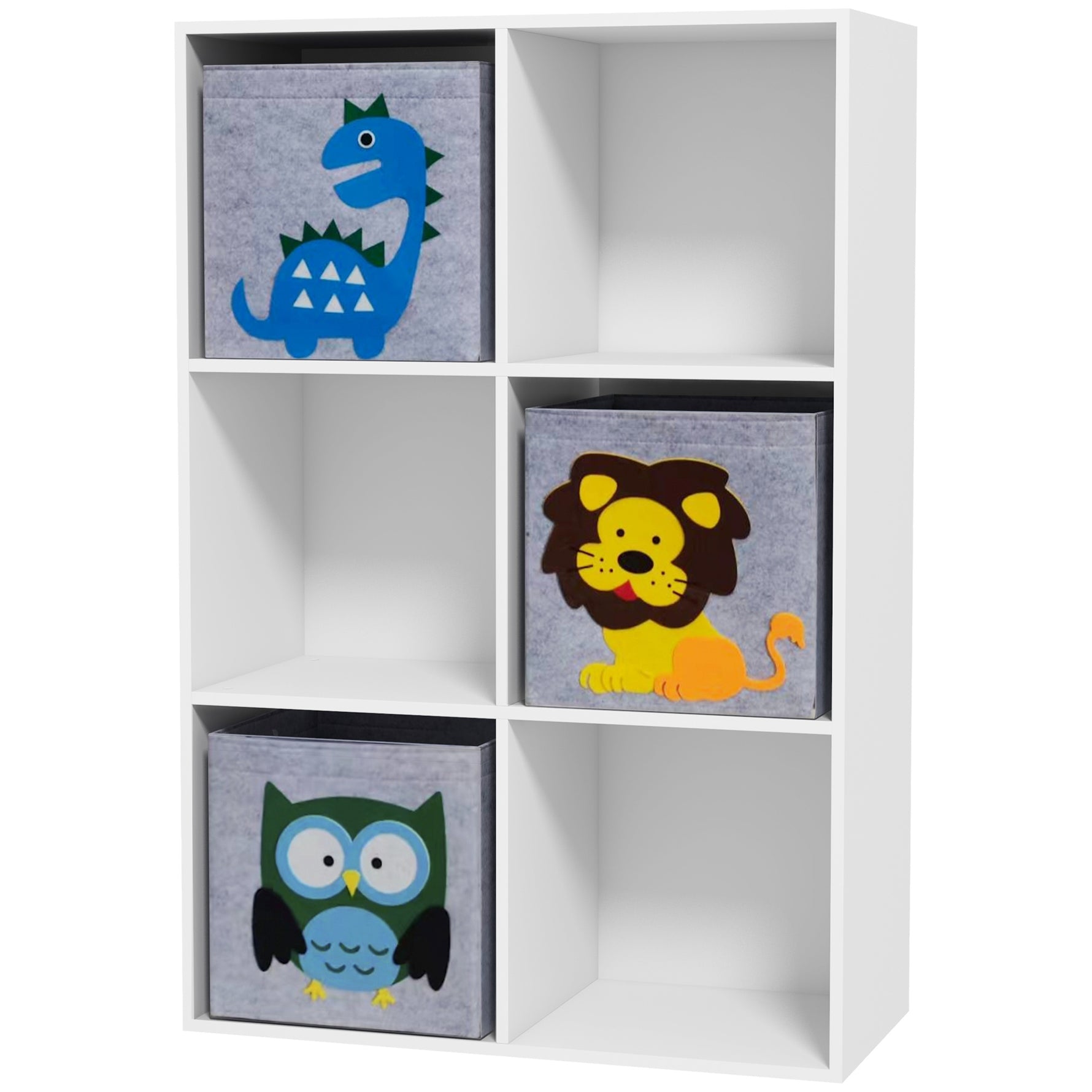 Meuble étagère bibliothèque 6 cases 3 cubes paniers en tissu motif animaux pour chambre enfant 62 x 30 x 91,5 cm blanc