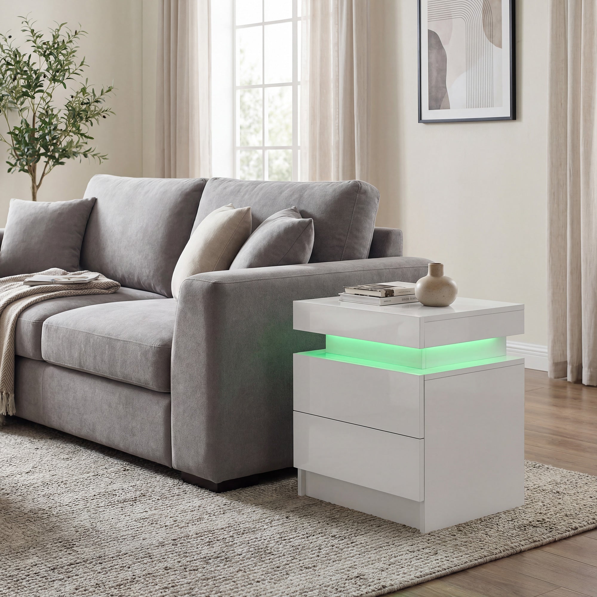 Table de chevet table de nuit lumière LED RVB panneau haute brillance avec 2 tiroirs pour salon chambre à coucher blanc