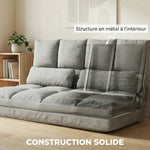 Chauffeuse 2 places canapé-lit convertible fauteuil de sol pliable dossier réglable 2 coussins inclus en polyester aspect suédé, pour salon, chambre et bureau, gris