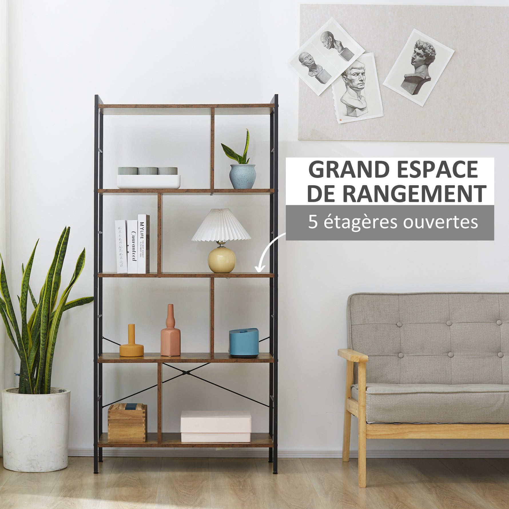 Bibliothèque étagère de rangement à 5 niveaux avec compartiments ouverts 74 x 30 x 157,5 cm brun rustique et noir