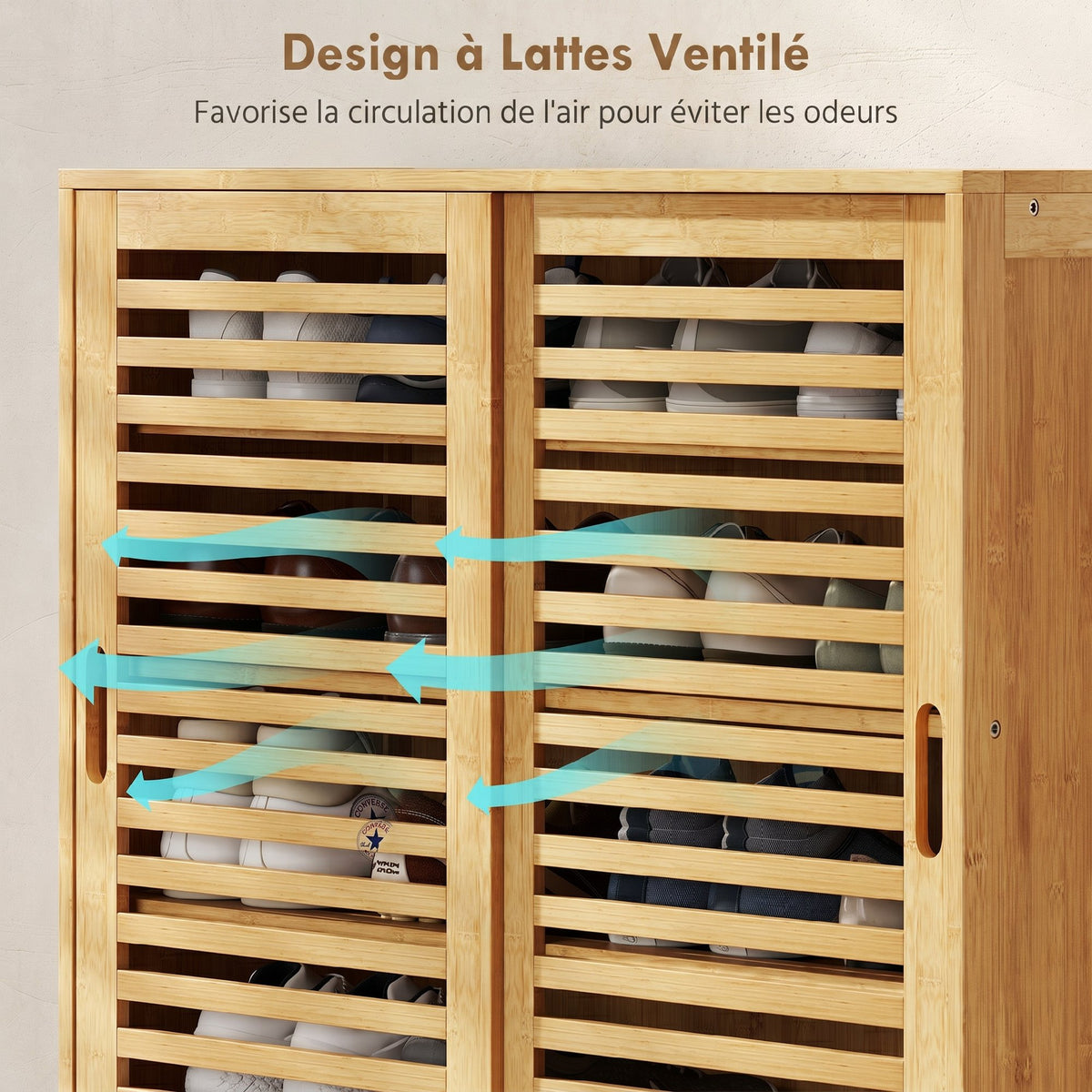 Meuble à chaussures en bambou 16 paires, armoire à chaussures, 2 portes coulissantes, étagères réglables, bois naturel