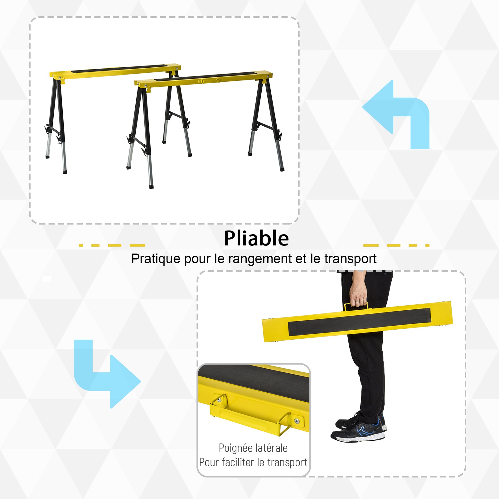 Lot de 2 Tréteaux Pliables Télescopiques Réglables en Hauteur, Poignée de Transport, Dim. 100L x 60l x 62-90H cm, Surface Antidérapante, Métal, Noir et Jaune