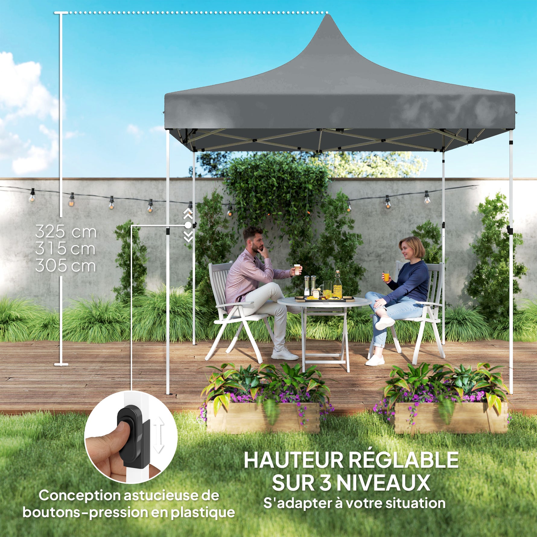 Tonnelle de jardin tente pliante 3 x 3 m 4 parois latérales amovibles 3 fenêtres hauteur réglable sac de transport gris