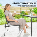 Salon de Jardin Extérieur pour 6 Personnes, Table de Patio Effet Bois et Chaises avec Assise en Maille Respirante, Cadre en Acier Galvanisé, Noir