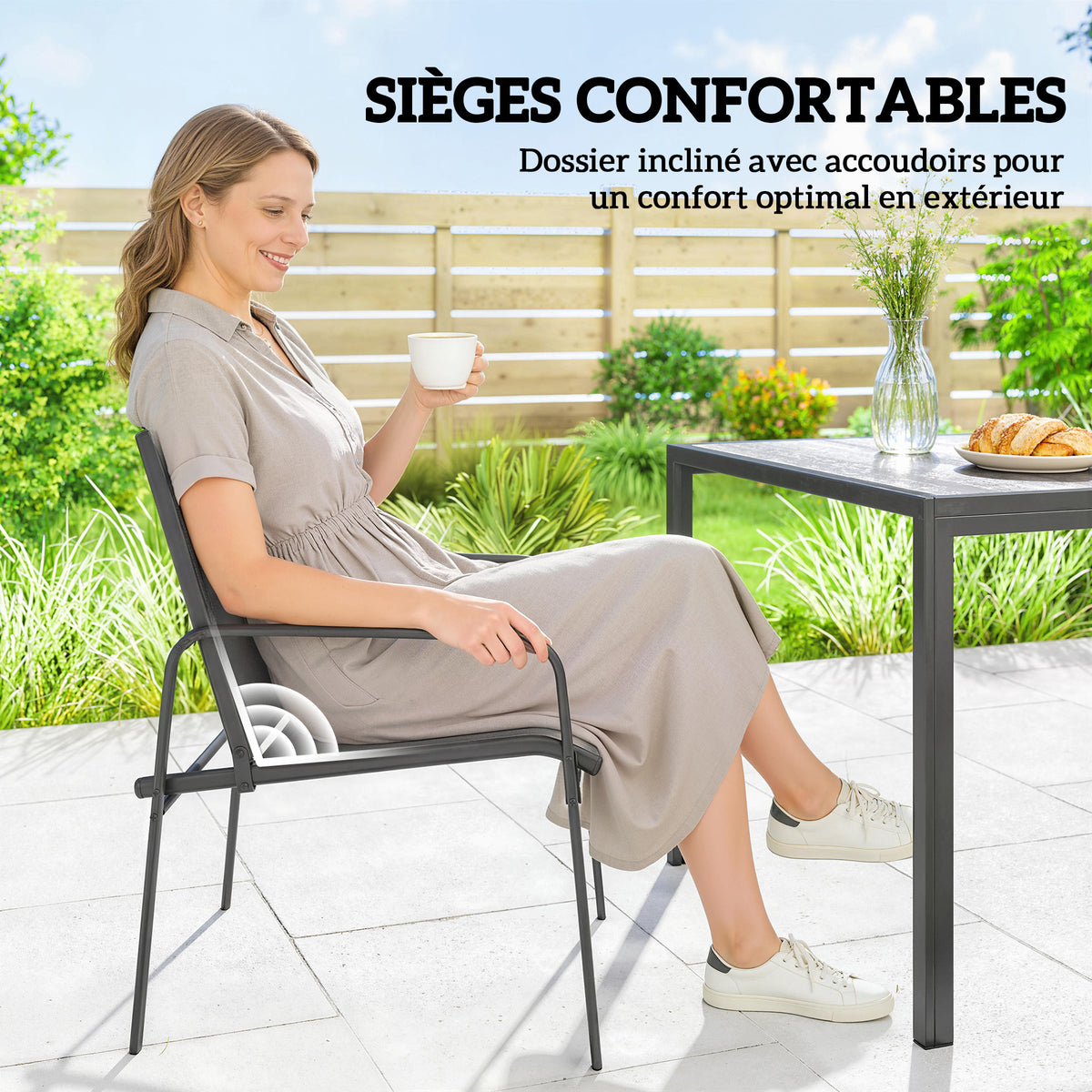 Salon de Jardin Extérieur pour 6 Personnes, Table de Patio Effet Bois et Chaises avec Assise en Maille Respirante, Cadre en Acier Galvanisé, Noir