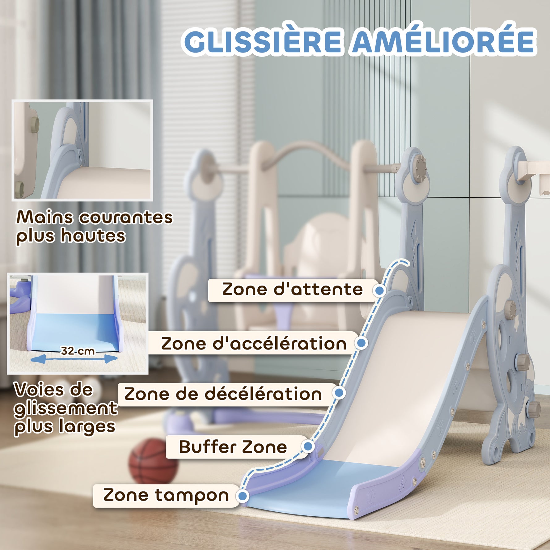 Toboggan et balançoire pour enfants 4 en 1 avec panier de basket et échelle, 147,5 x 160 x 107 cm, bleu clair