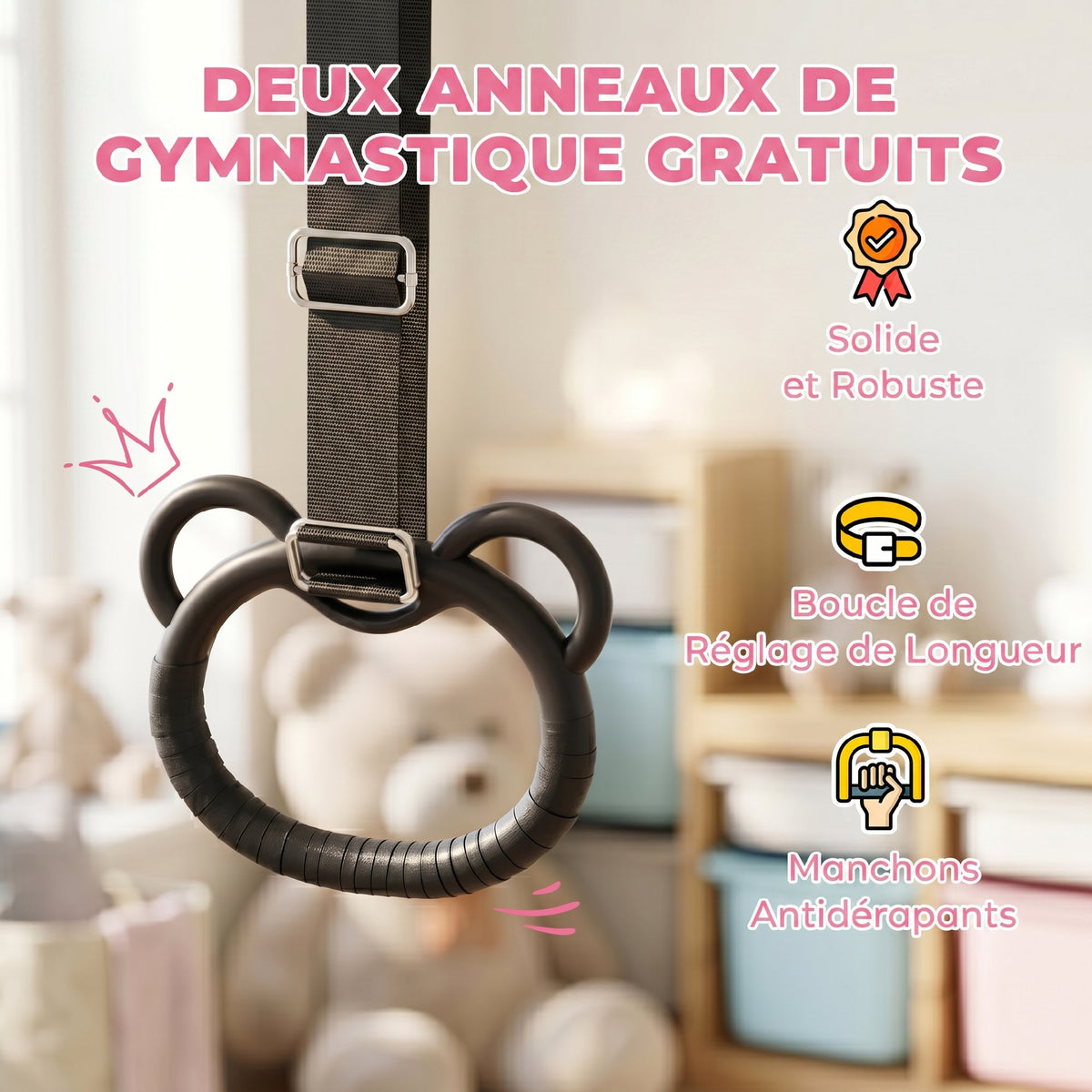 Barre de gymnastique pour enfants, barre horizontale pliable à hauteur réglable avec anneaux de gymnastique, rose