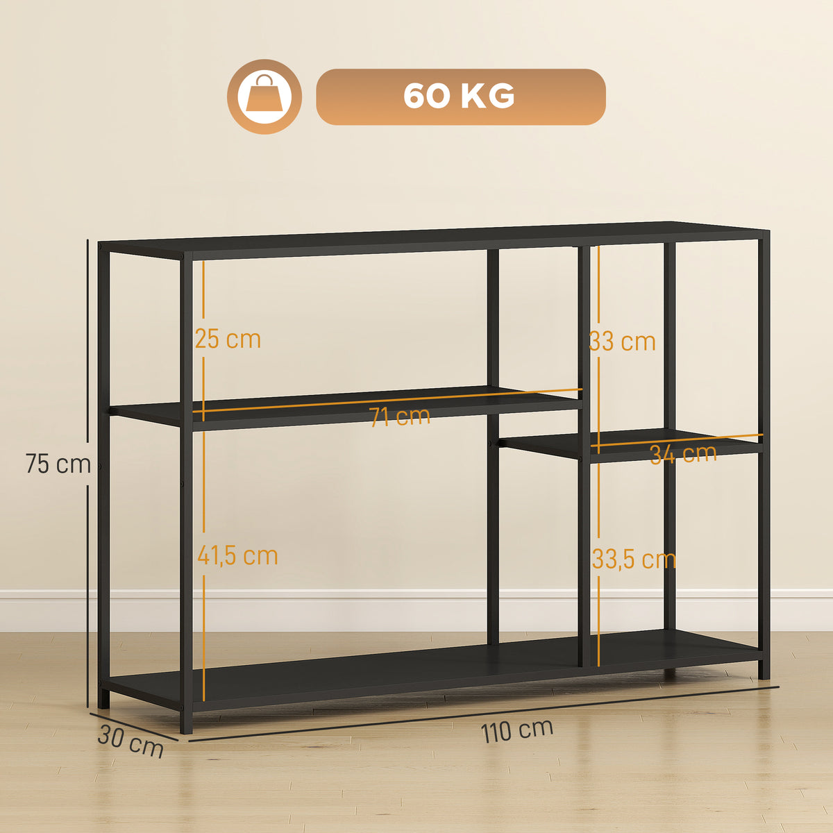 Mesa consola estrecha de 4 niveles estilo industrial con marco de acero, 110 x 30 x 75 cm, negro