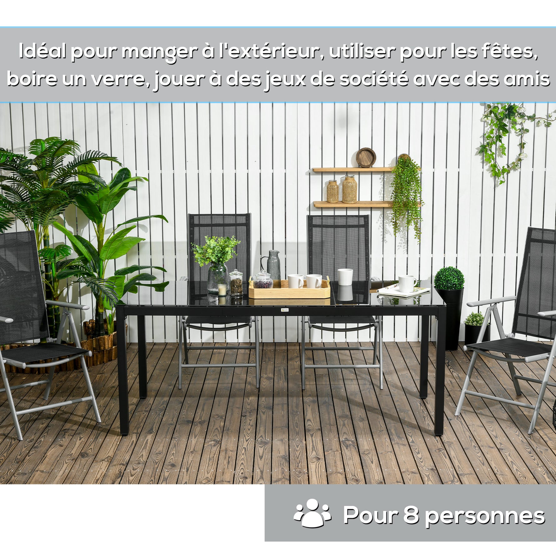 Table de jardin rectangulaire pour 8 personnes avec plateau en verre trempé et cadre en aluminium noir