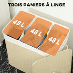 Panier à linge à trois compartiments avec couvercle, panier à linge en bambou 144 L avec poignées en corde