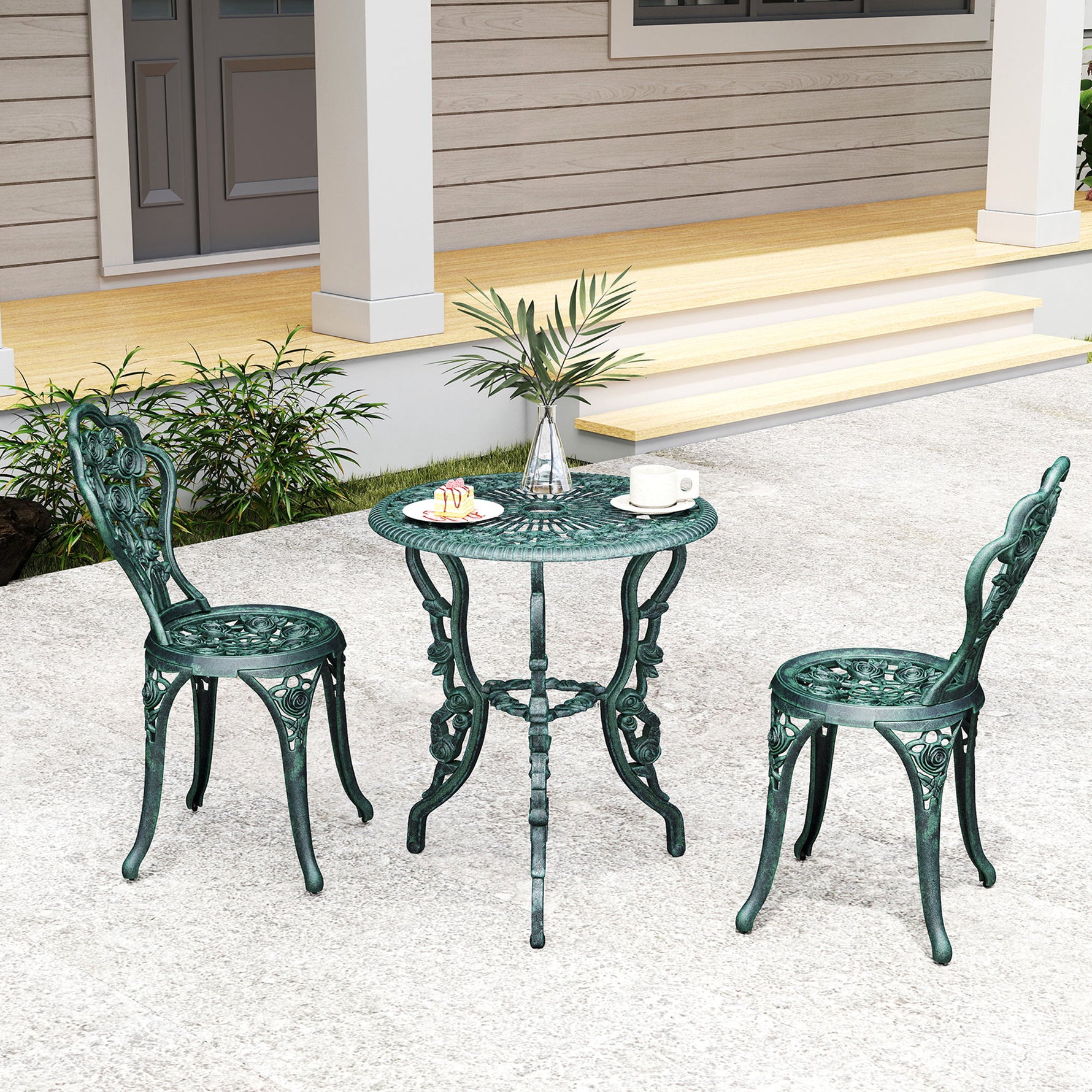 Ensemble Salon de Jardin 2 Places 2 chaises + Table Ronde Style néo-rétro Motif Rose Lignes fuselées Fonte