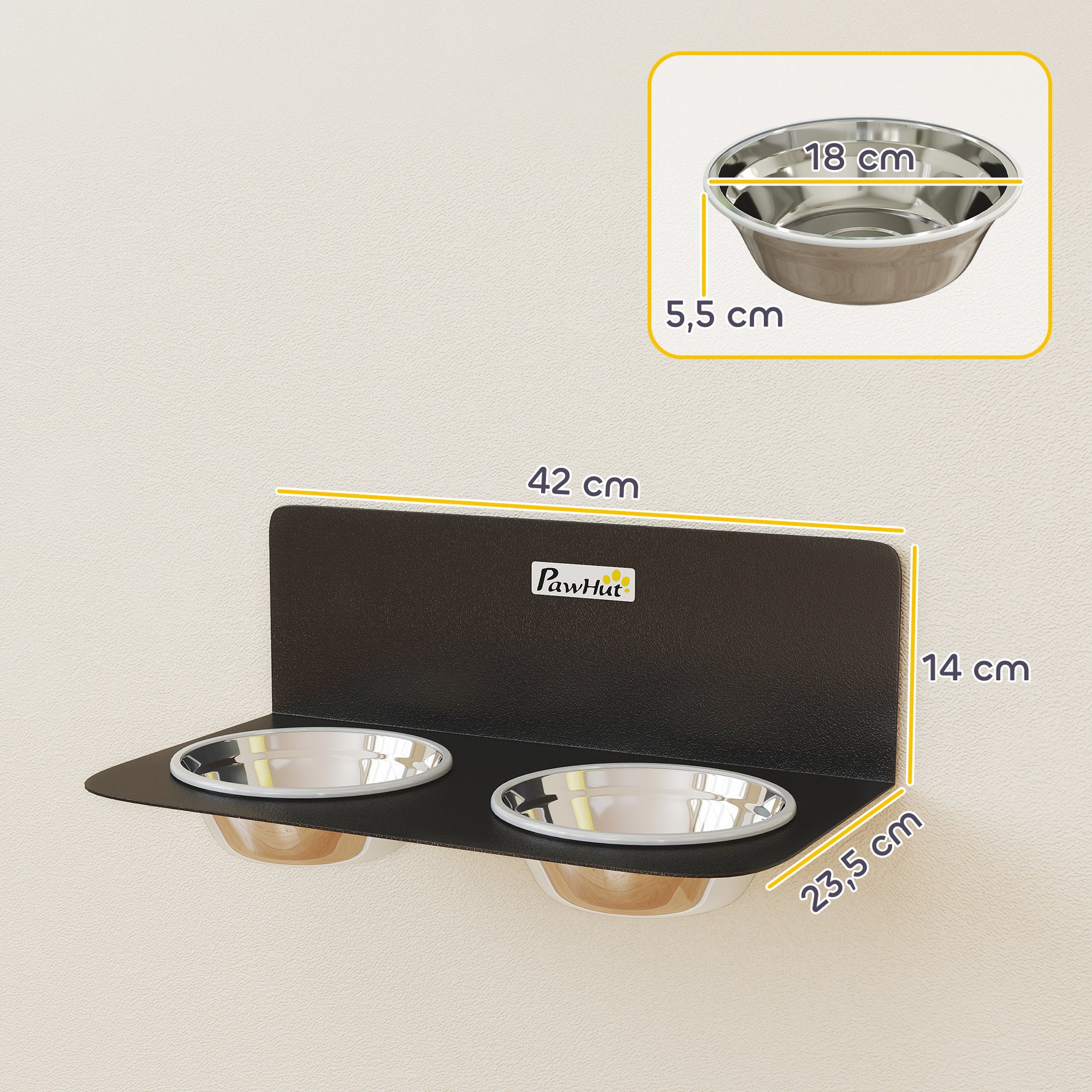 Gamelle Bol pour Chien Double Gamelle Support Mural 2 Bols Acier Inox 800ml Hauteur Réglable 42x23,5x14cm Noir