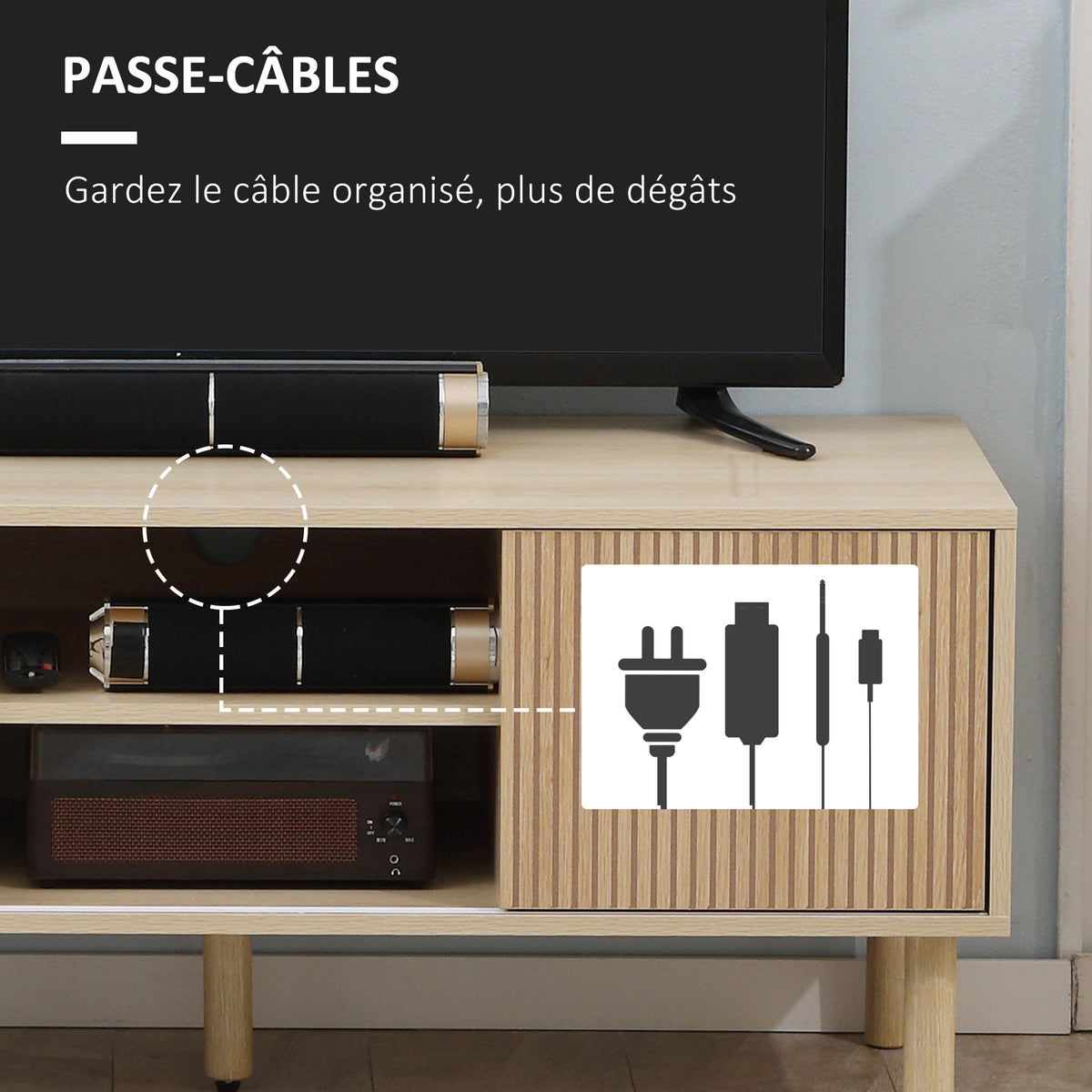 TV-Lowboard für Fernseher bis 50 Zoll, 2 Schiebetüren und 2 Fächer mit Kabeldurchlass - 115 x 40 x 49 cm