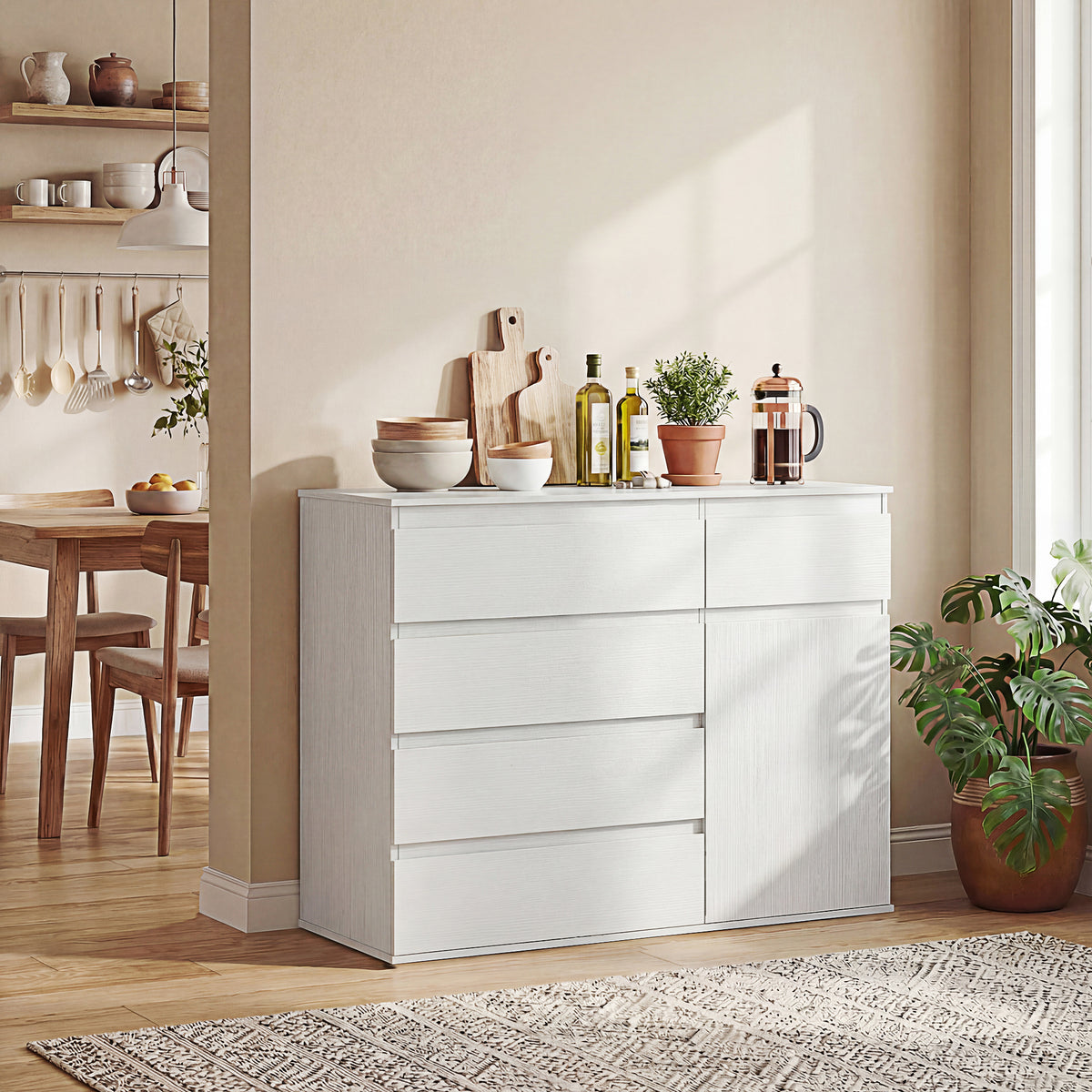 Commode 5 tiroirs, buffet salon, meuble de rangement, étagère réglable et porte à fermeture douce, 100x40x80cm, blanc