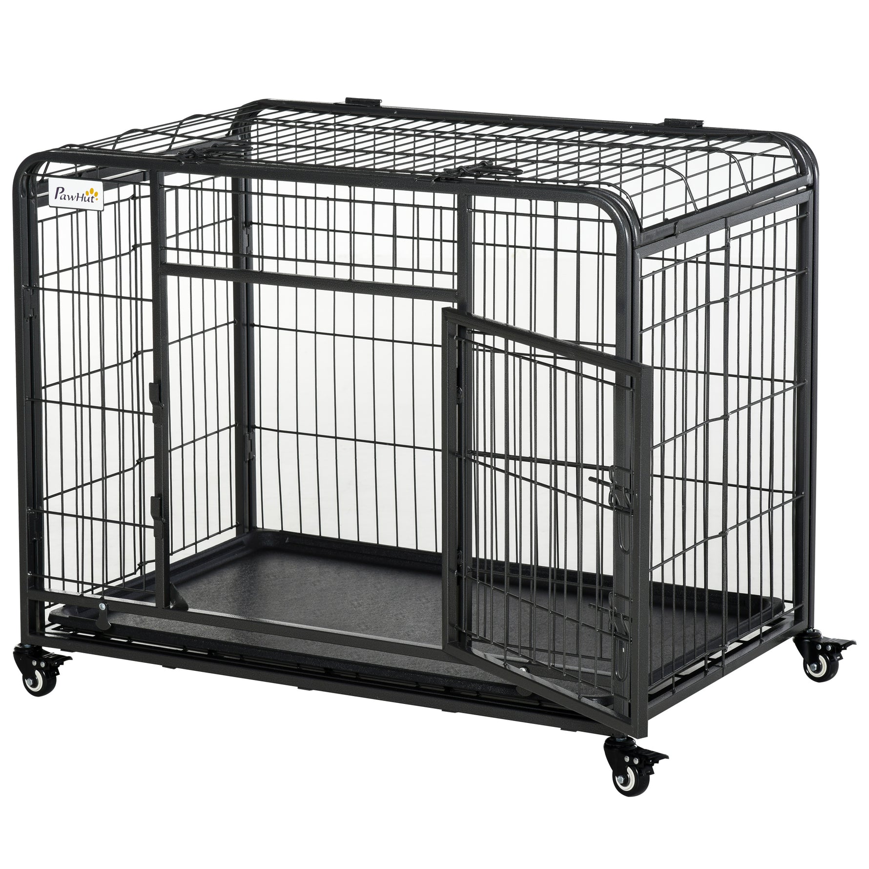 Cage pour chien pliable cage de transport sur roulettes 2 portes verrouillables plateau amovible dim. 94L x 58l x 69,5H cm métal gris noir