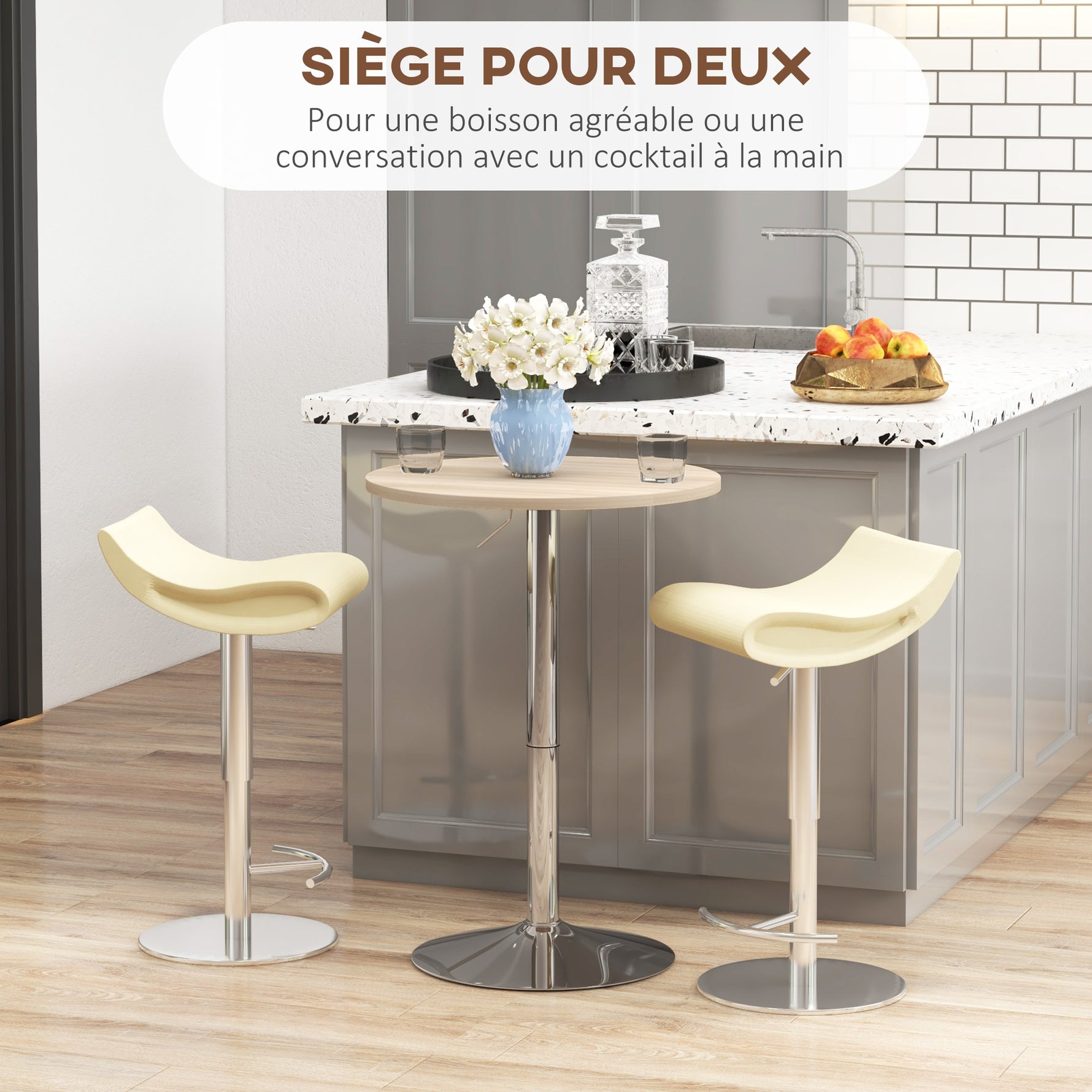 Table de bar ronde table haute cuisine réglable en hauteur 69-91 cm plateau pivotante à 360° naturel et gris