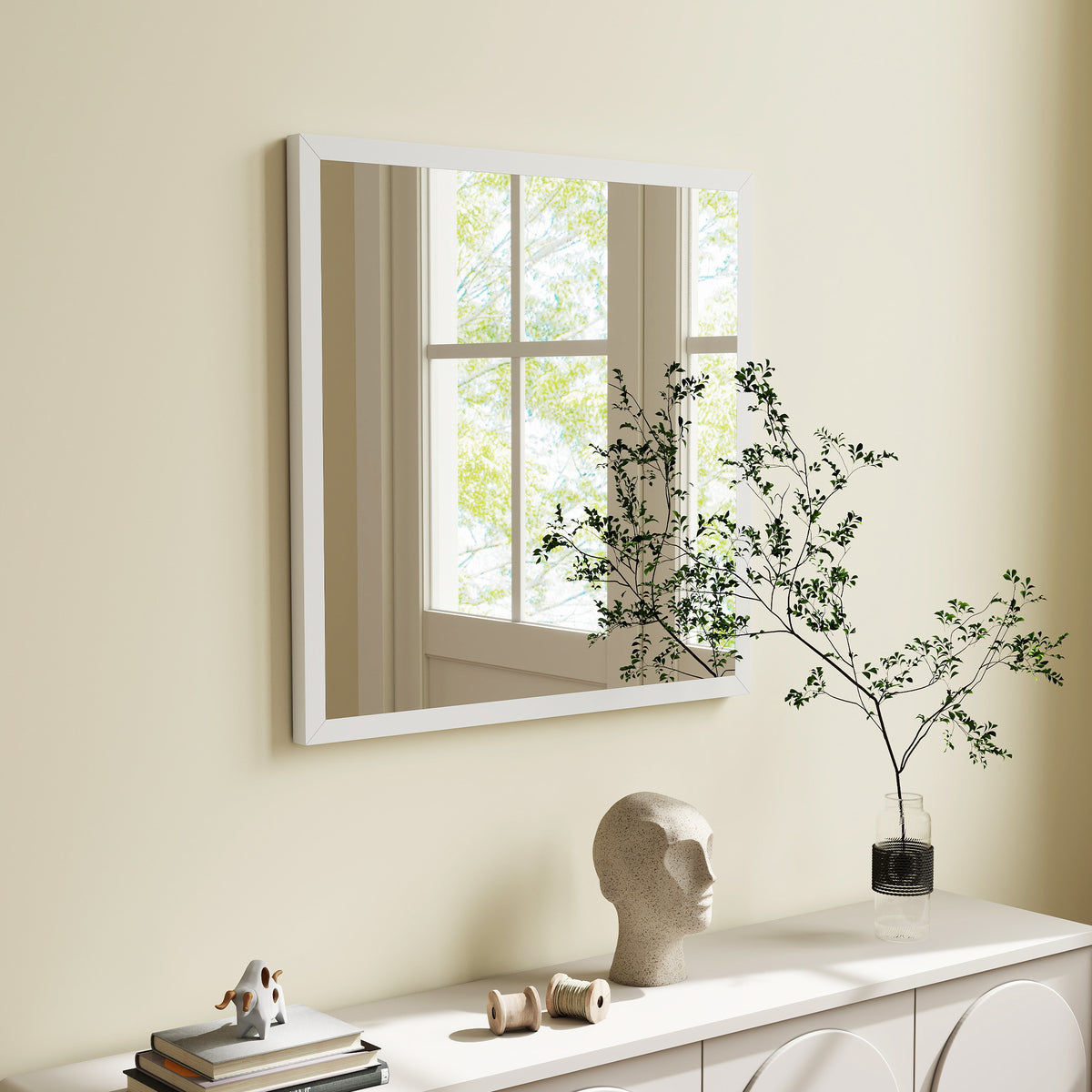 Miroir mural carré 50 x 50 cm, cadre en bois blanc, idéal pour la salle de bain, salon ou chambre