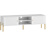Meuble TV, meuble télé jusqu'à 65 pouces avec 2 portes, 2 compartiments ouverts, pieds en acier, 140x38x45,9cm, blanc