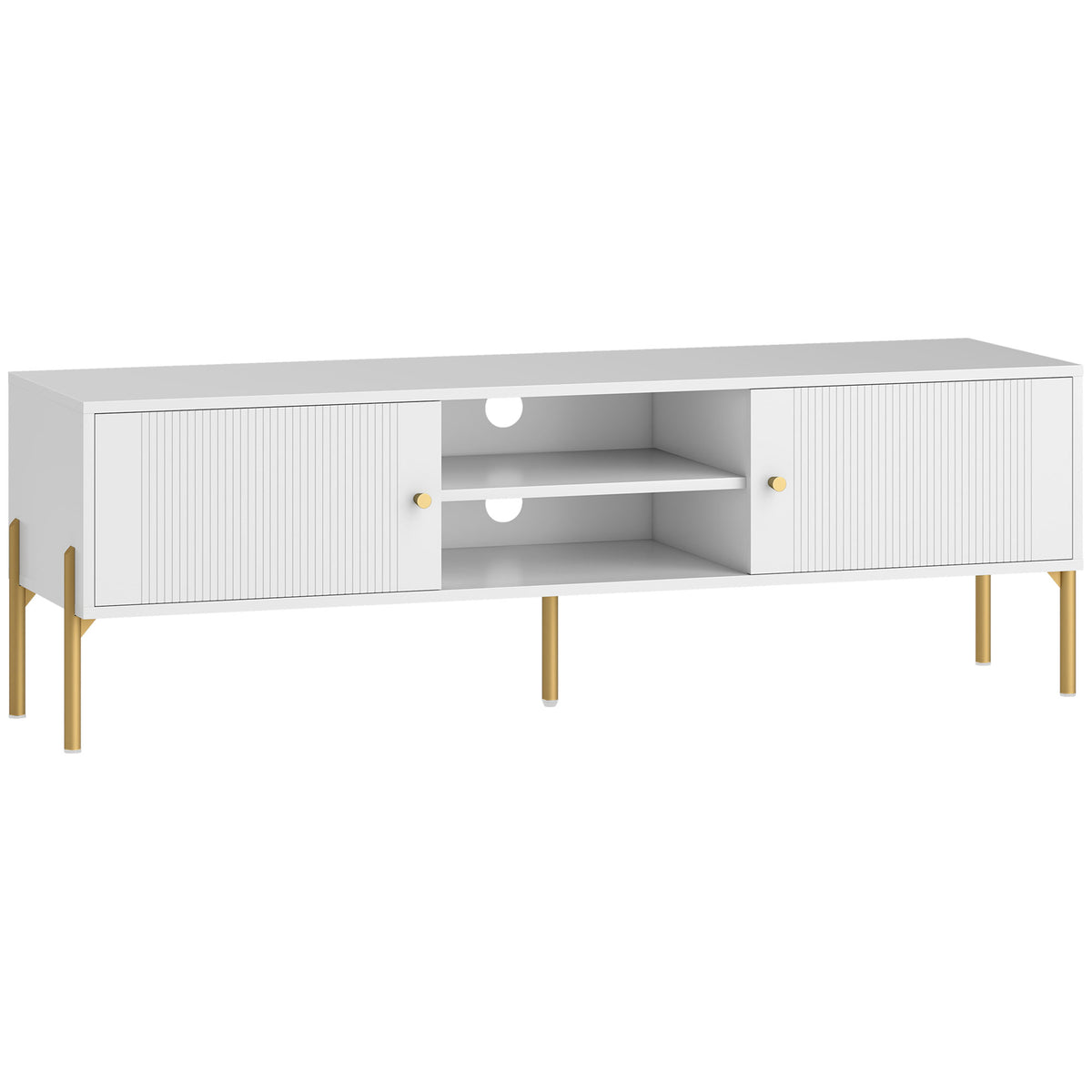 Meuble TV, meuble télé jusqu'à 65 pouces avec 2 portes, 2 compartiments ouverts, pieds en acier, 140x38x45,9cm, blanc