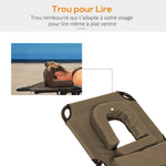 Transat de Jardin Chaise Longue Pliante Bain de Soleil avec Appuie-tête, Trou de lecture et Dossier Inclinable, Marron